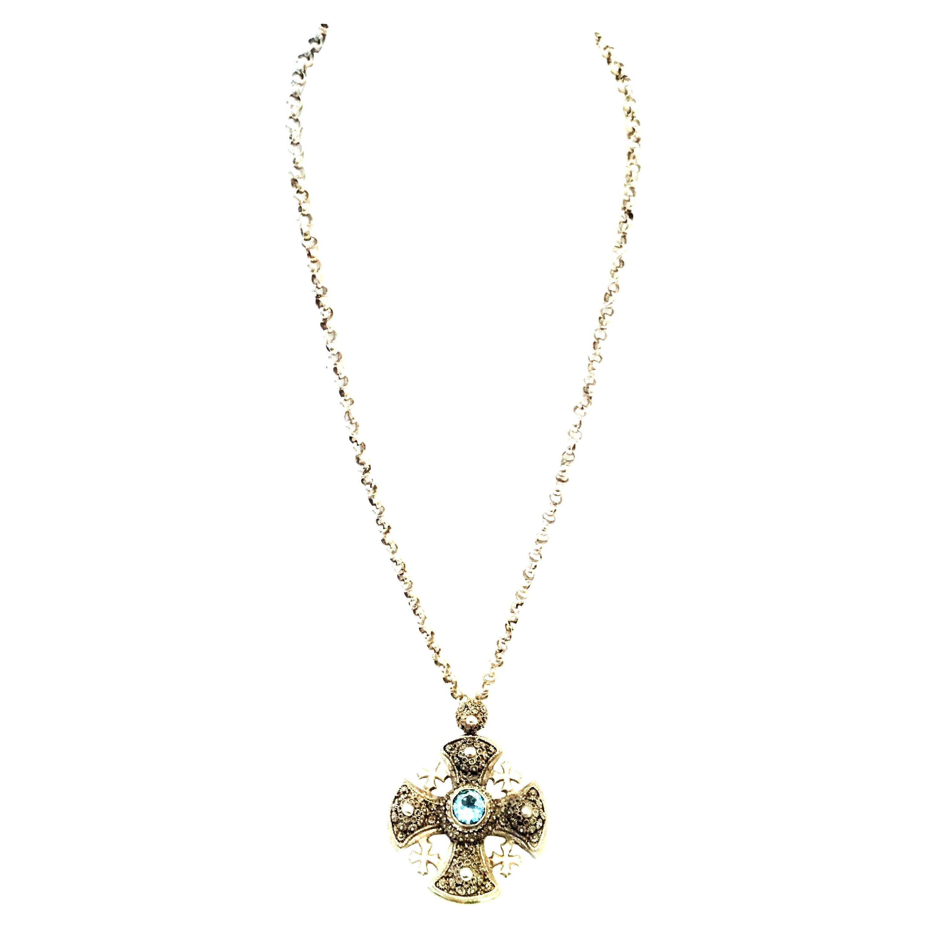 20th Century Byzantine Style Sterling Silver & authentic Blue Topaz Maltese Cross Pendant Necklace. This finely crafted long sterling silver chain link necklace with large sterling silver and authentic blue topaz large reversible Maltese Cross