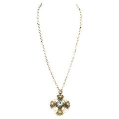 20th Century Sterling Silver & Blue Topaz Maltese Cross Pendant Necklace