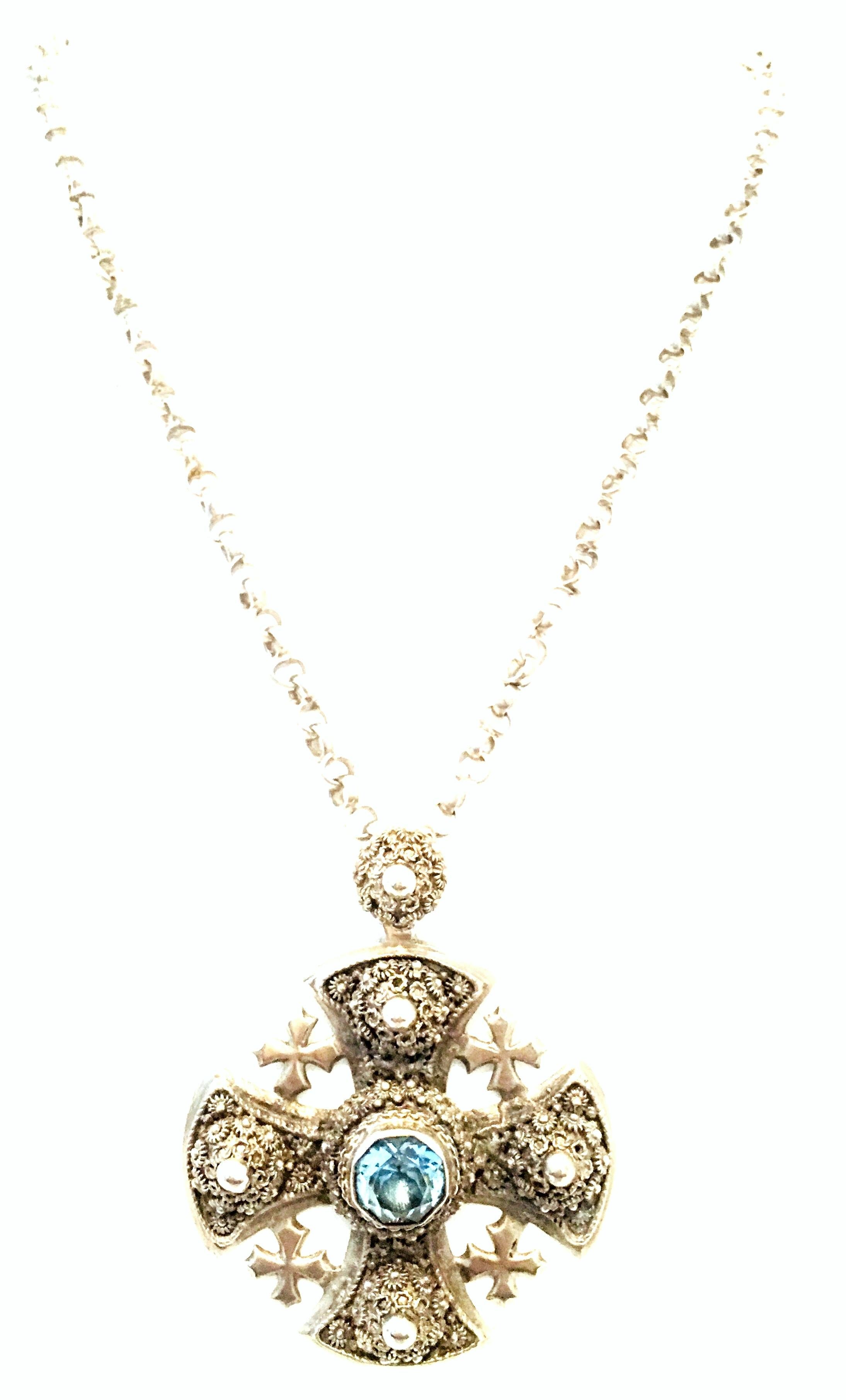 Cabochon 20th Century Sterling Silver & Blue Topaz Maltese Cross Pendant Necklace For Sale