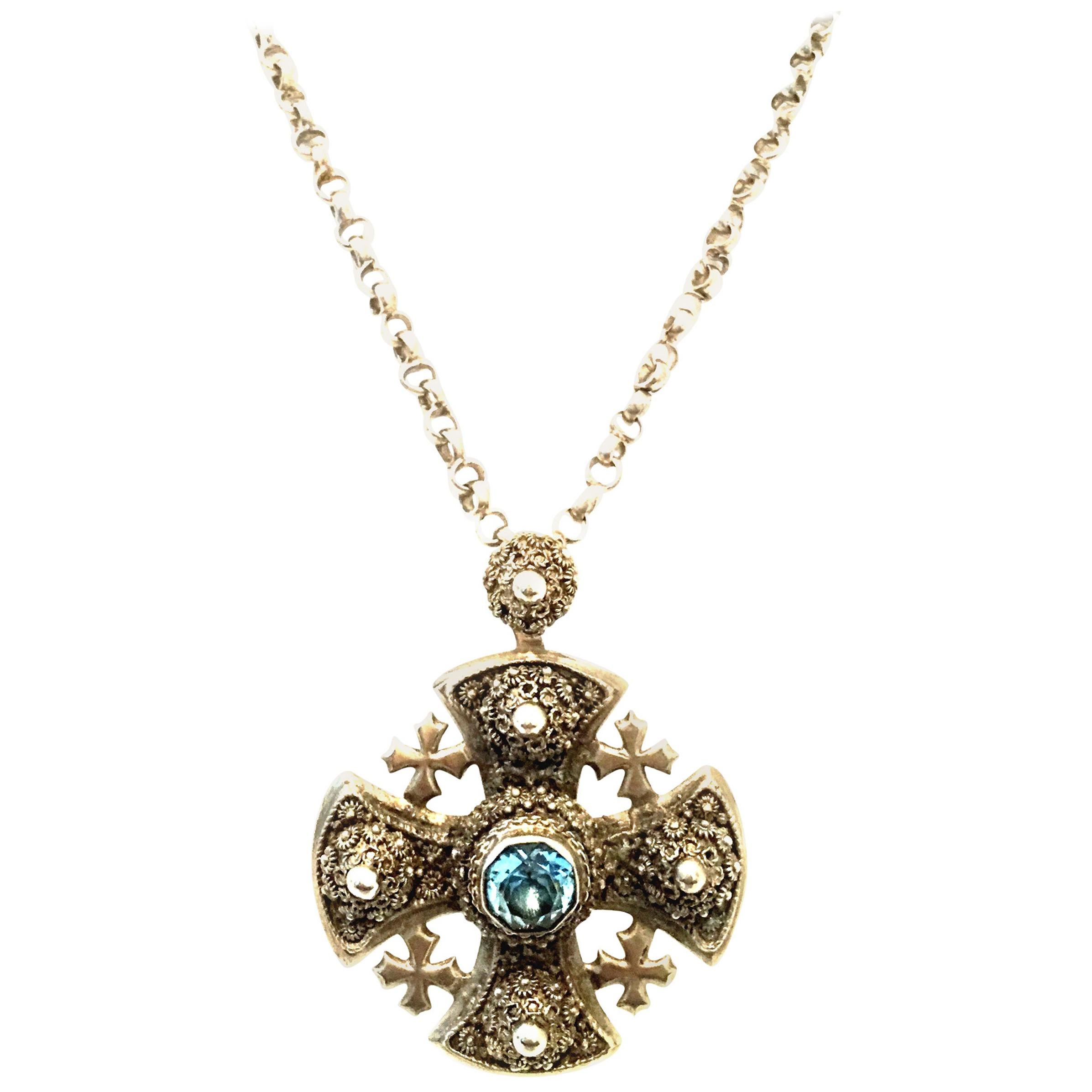 20th Century Byzantine Style Sterling Silver & Blue Topaz Maltese Cross Pendant Necklace. This finely crafted sterling silver chain link necklace with large sterling silver and blue topaz large reversible Maltese Cross pendant features etched,