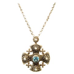 20th Century Sterling Silver & Blue Topaz Maltese Cross Pendant Necklace