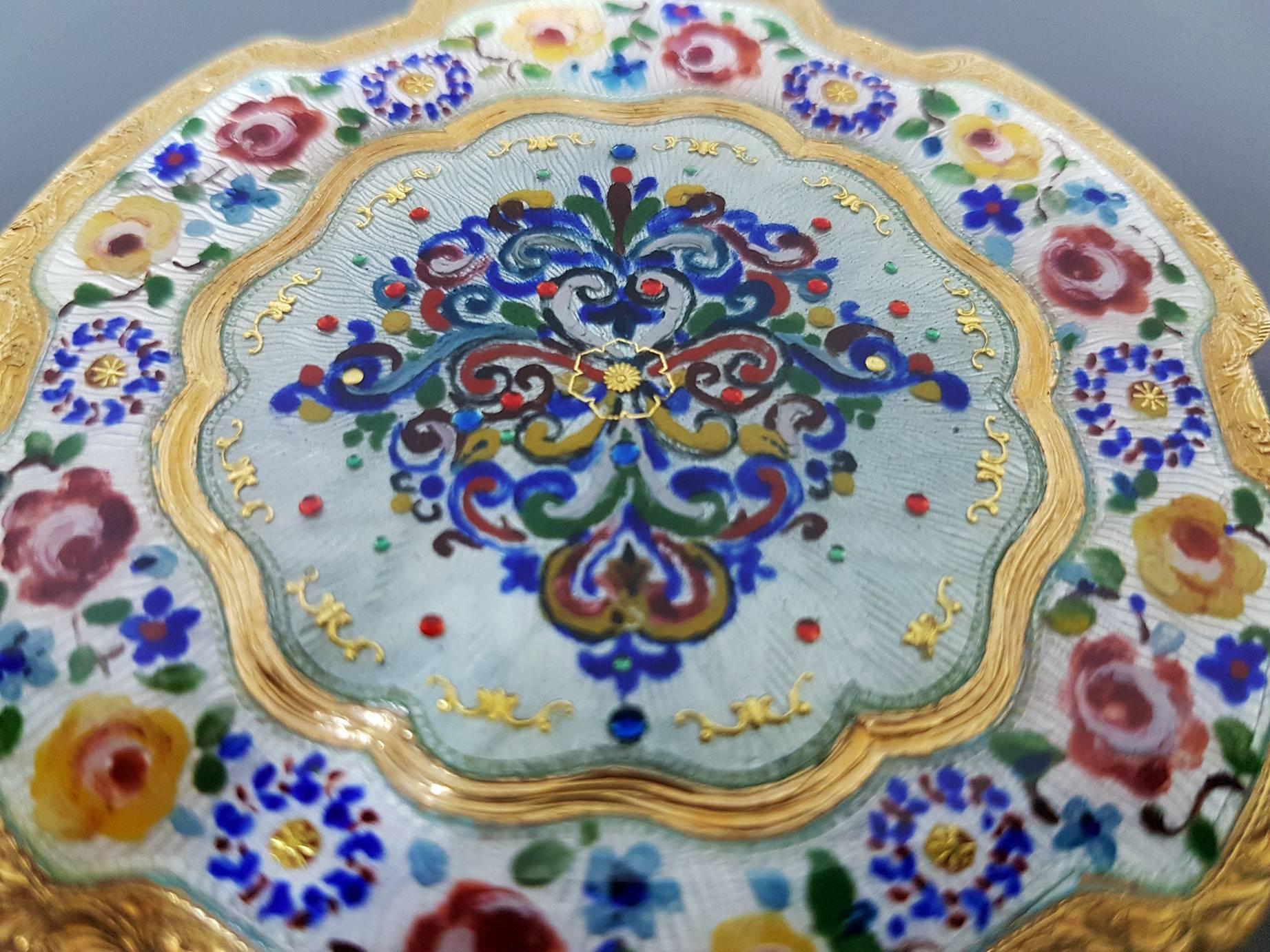 Italian 20th Century Sterling Silver Gilted Enameled Table Box  For Sale