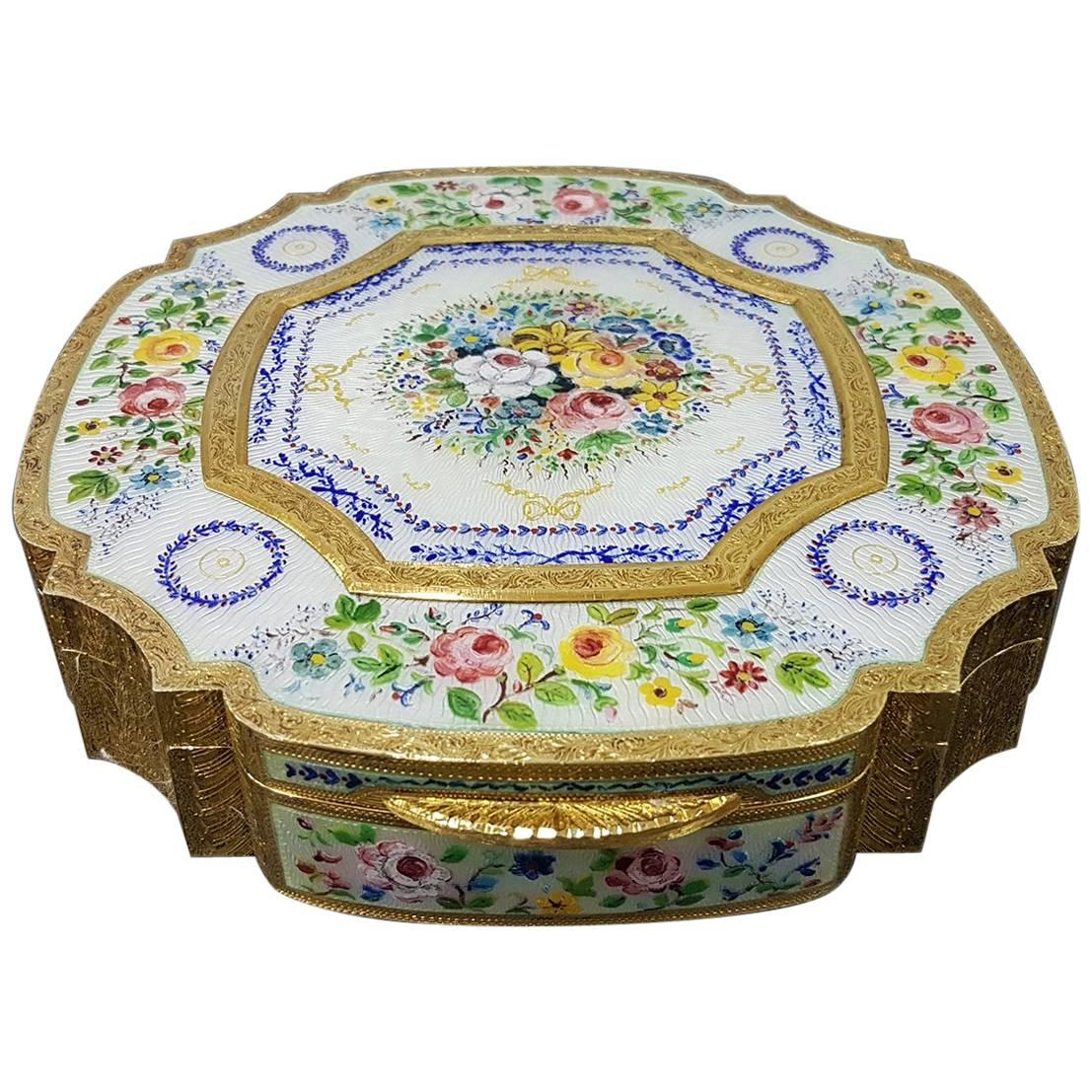 Caja de mesa italiana dorada y esmaltada de plata de ley del siglo XX