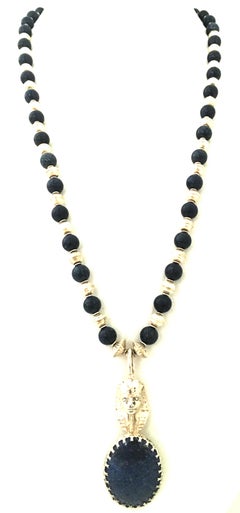 20th Century Sterling Silver & Lapis Lazuli "Pharaoh" Pendant Necklace-Signed