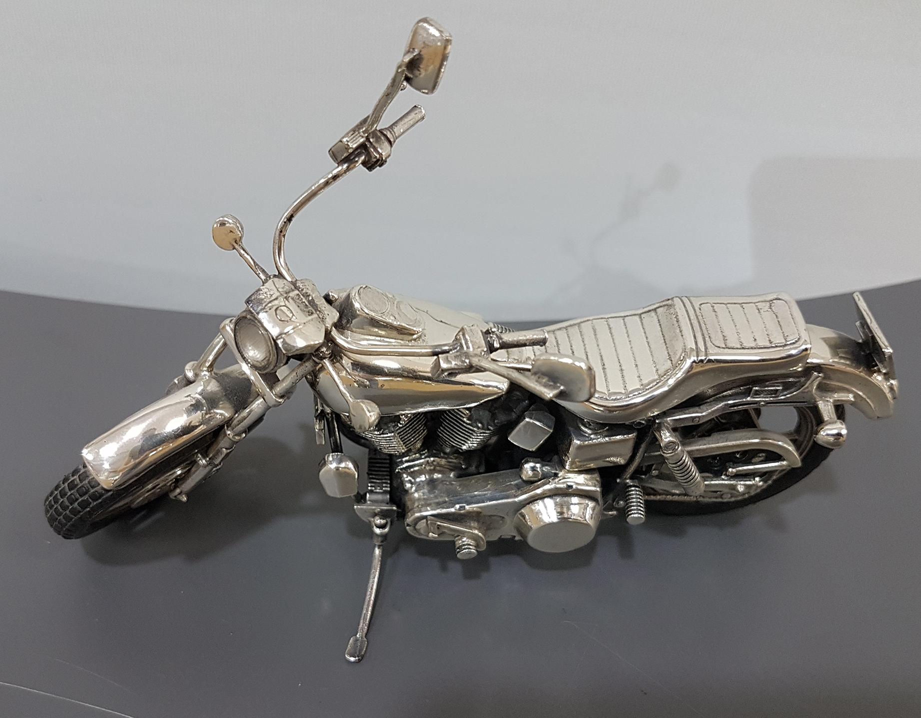 Rubber 20th Century Sterling Silver Miniature Motorcycle Harley Davidson, Made in Italy For Sale