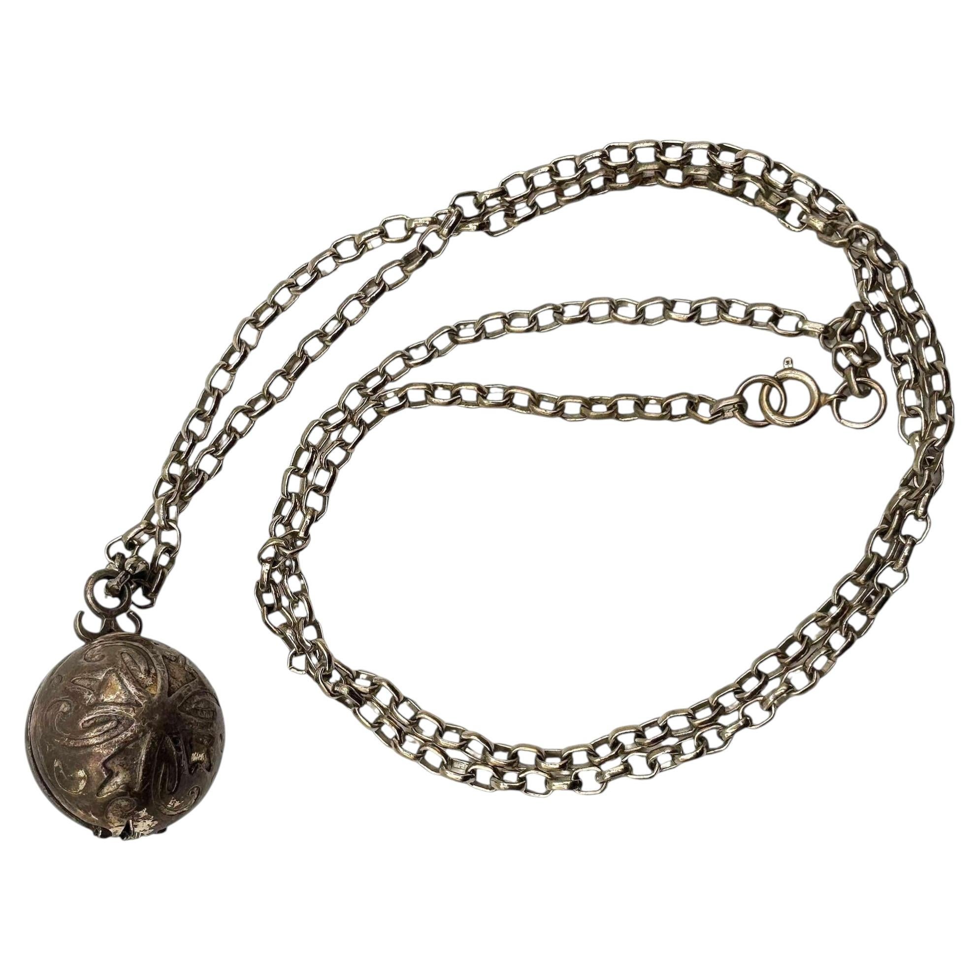 20th Century Sterling Silver Orb Ball Pomander Locket Pendant on Chain