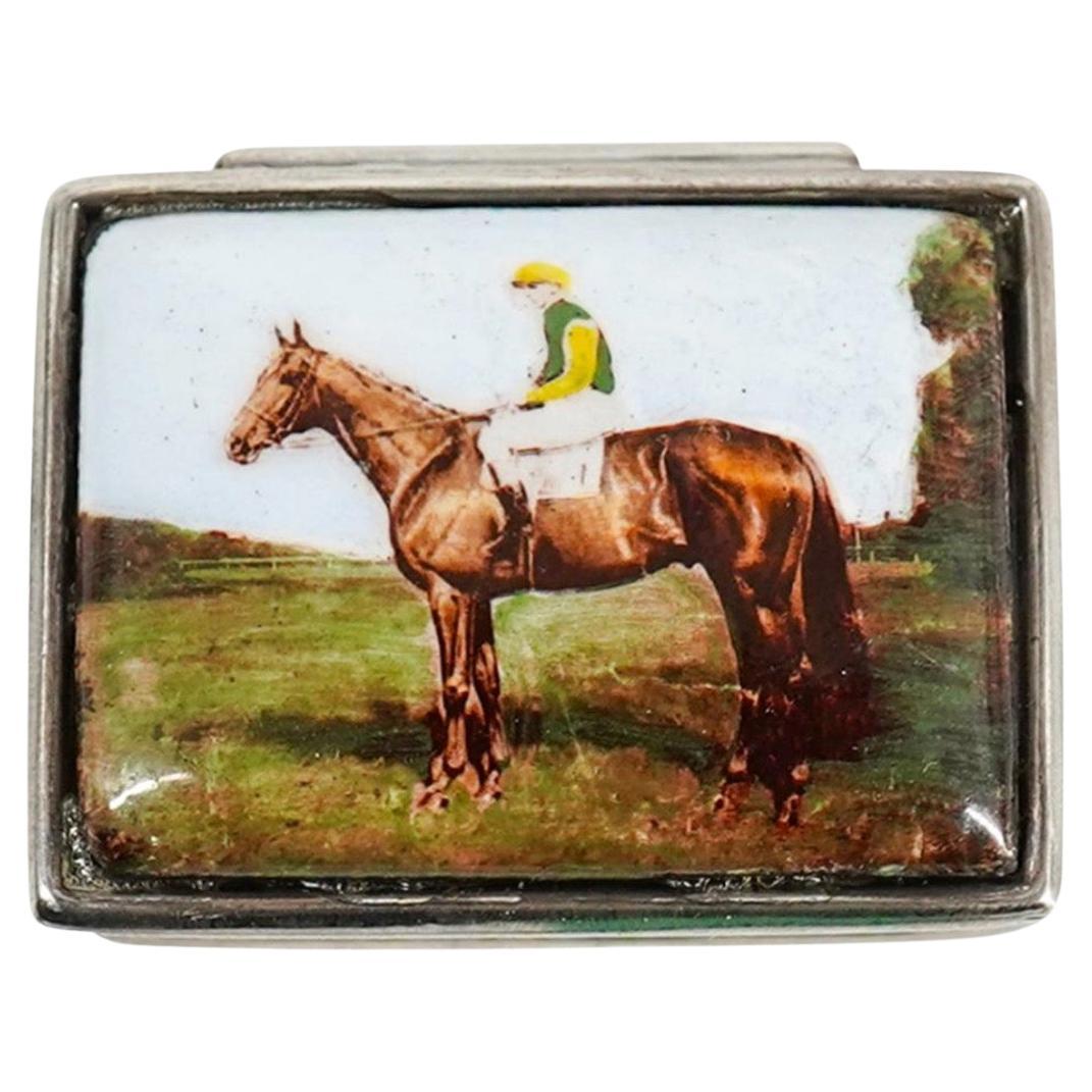 20th Century Sterling Silver Pill Box Decorated with Jockey on Horseback For Sale