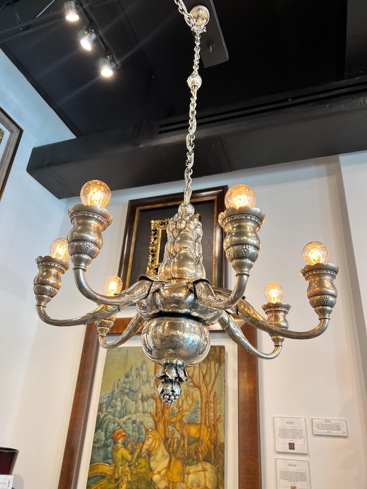 Early 20th Century Georg Jensen 20th Century Sterling Silver Seven-Light Chandelier For Sale