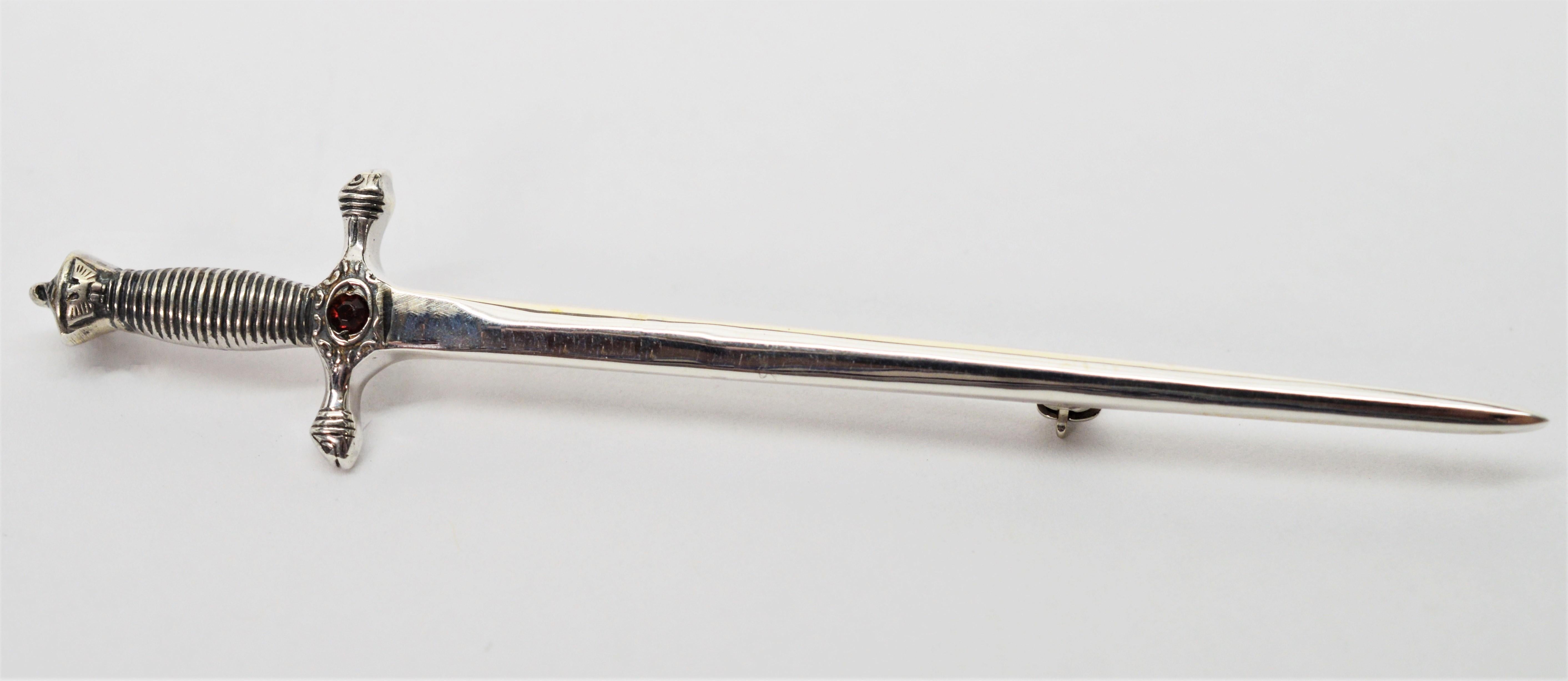 20th Century Sterling Silver Sword Pin Brooch with Garnet Accent In Excellent Condition In Mount Kisco, NY