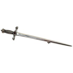 20th Century Sterling Silver Sword Pin Brooch with Garnet Accent