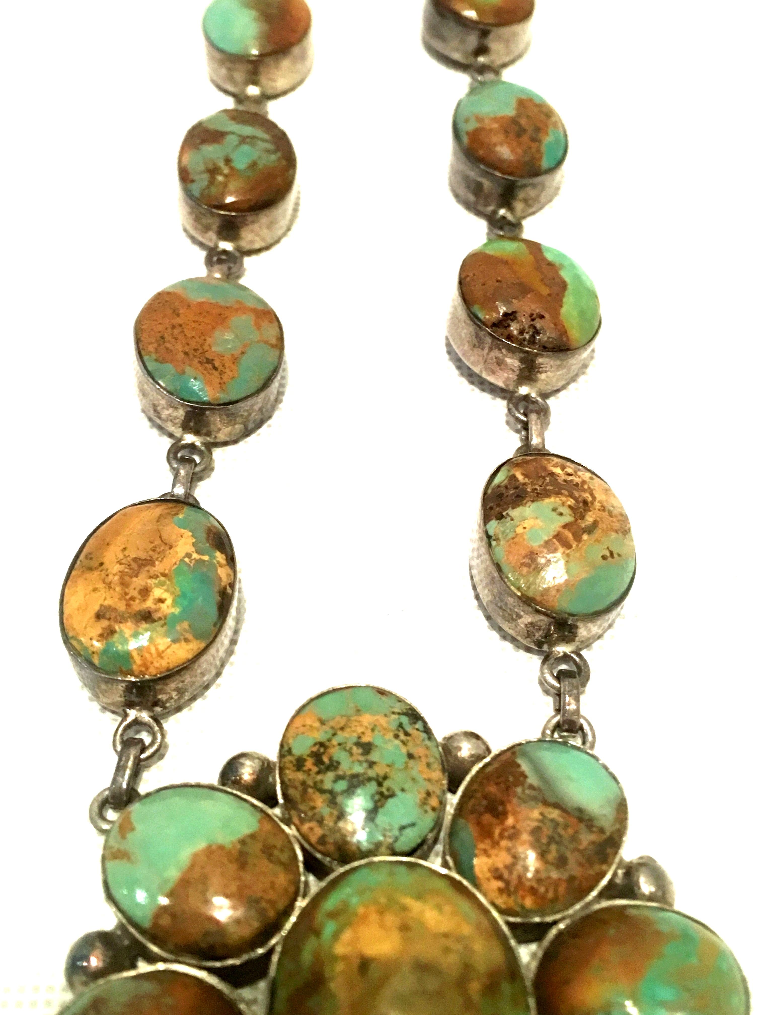 Native American 20th Century Sterling Silver & Turquoise Squash Blossom Necklace