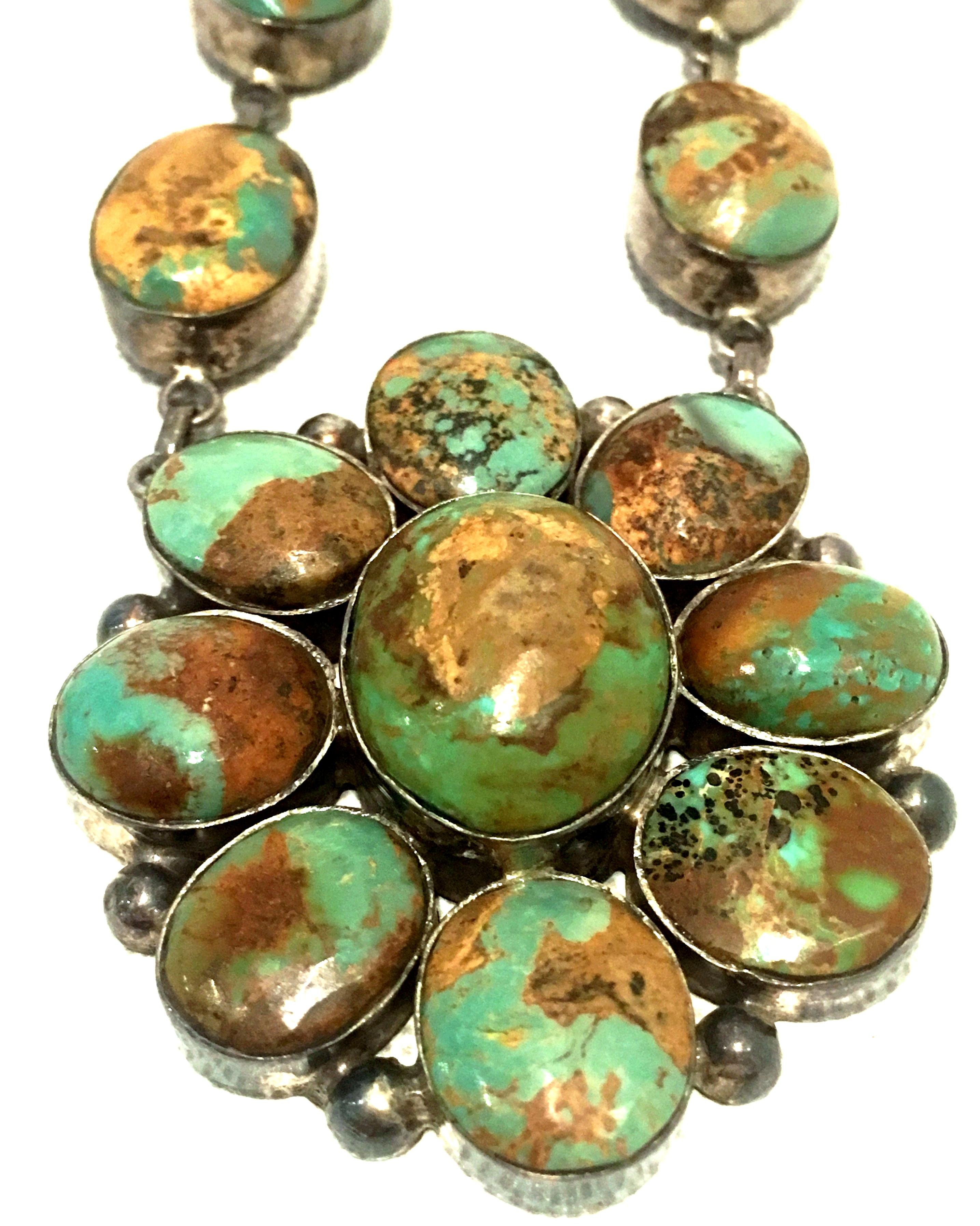 Cabochon 20th Century Sterling Silver & Turquoise Squash Blossom Necklace