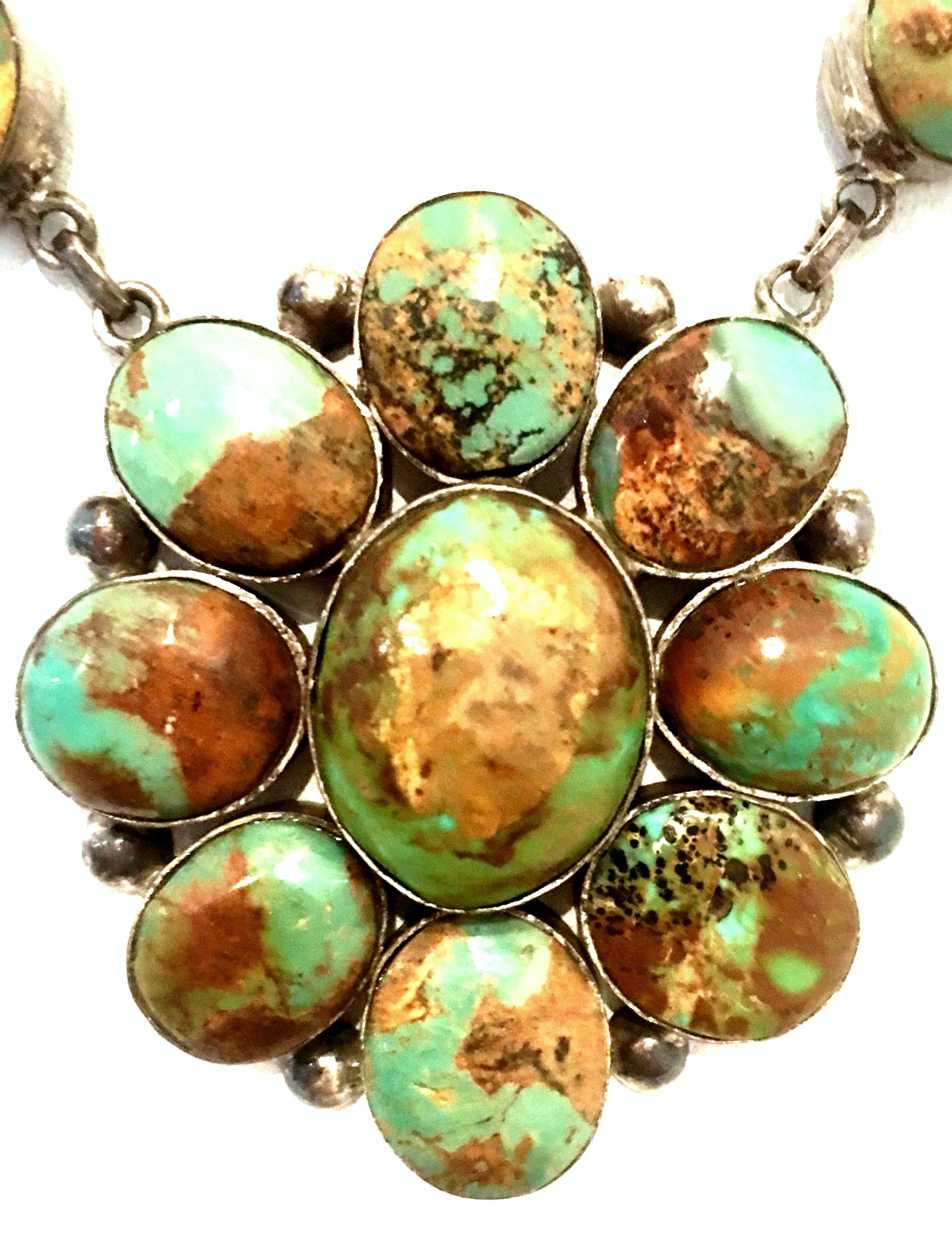 20th Century Sterling Silver & Turquoise Squash Blossom Necklace In Good Condition In West Palm Beach, FL