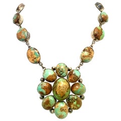20th Century Sterling Silver & Turquoise Squash Blossom Necklace
