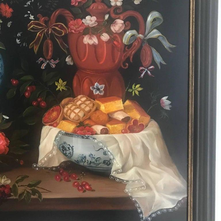 Hand-Painted 20th Century Still Life of Fruit, Flowers and Pottery For Sale