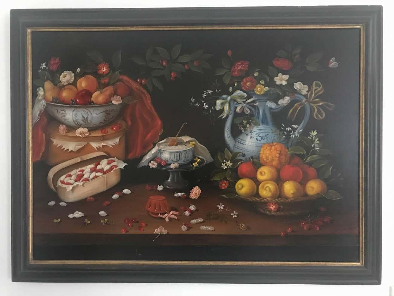 Italian 20th Century Still Life of Fruit Flowers and Pottery For Sale