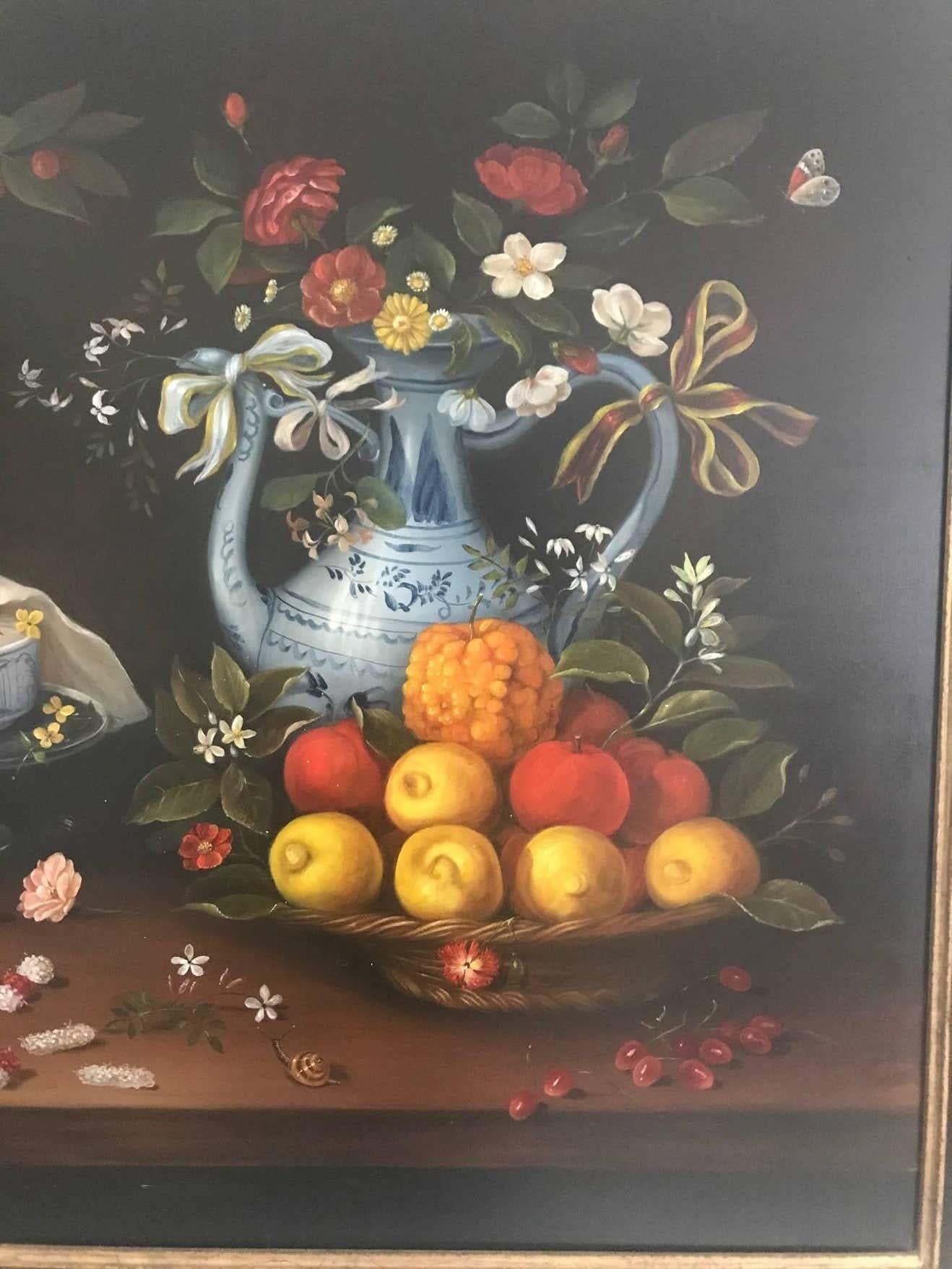 Hand-Painted 20th Century Still Life of Fruit Flowers and Pottery For Sale