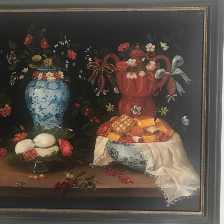 Canvas 20th Century Still Life of Fruit, Flowers and Pottery For Sale