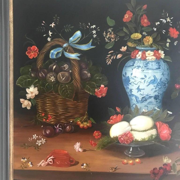 Canvas 20th Century Still Life of Fruit, Flowers and Pottery For Sale