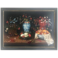 Vintage 20th Century Still Life of Fruit Flowers and Pottery