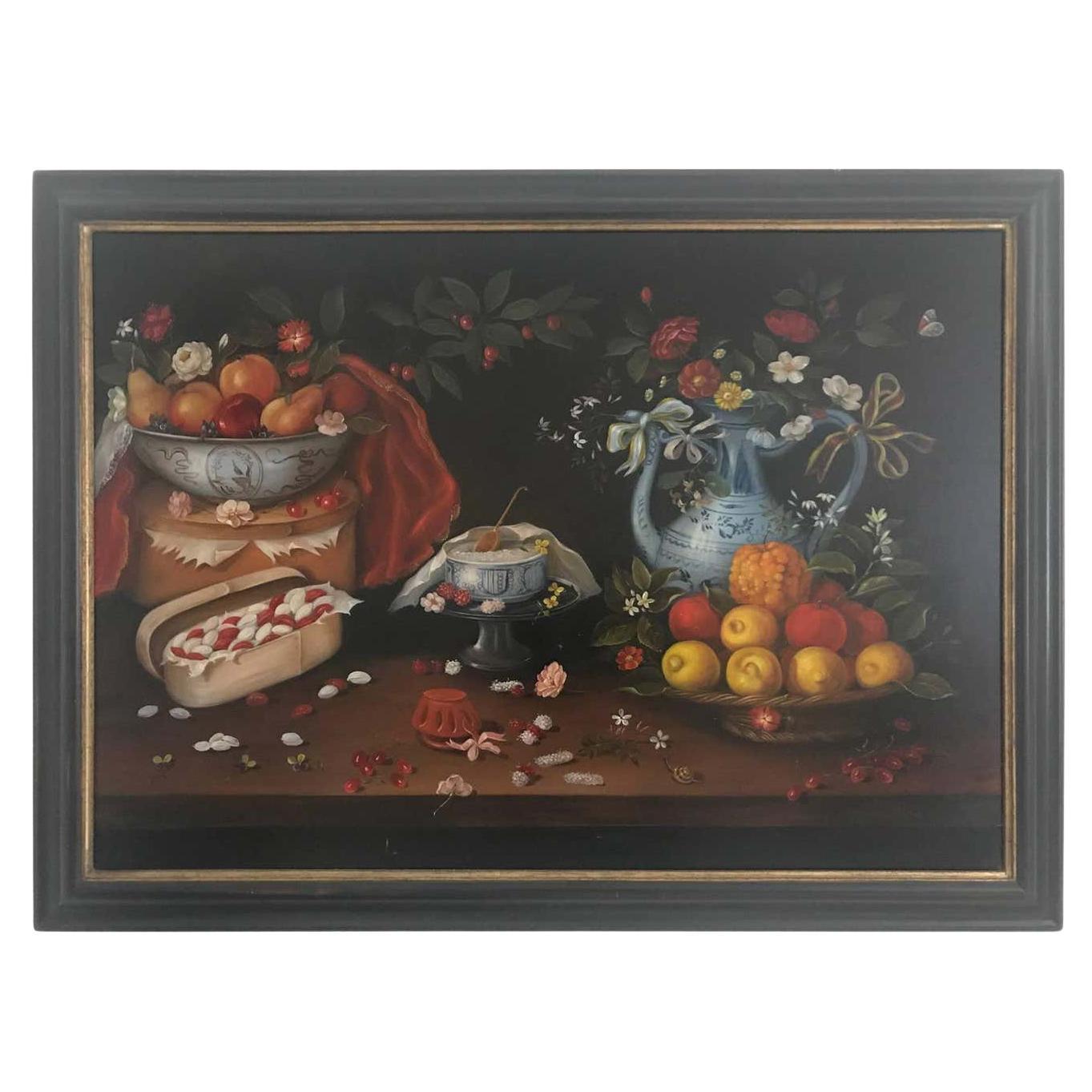 Nature morte du XXe siècle de fruits, de fleurs et de poteries