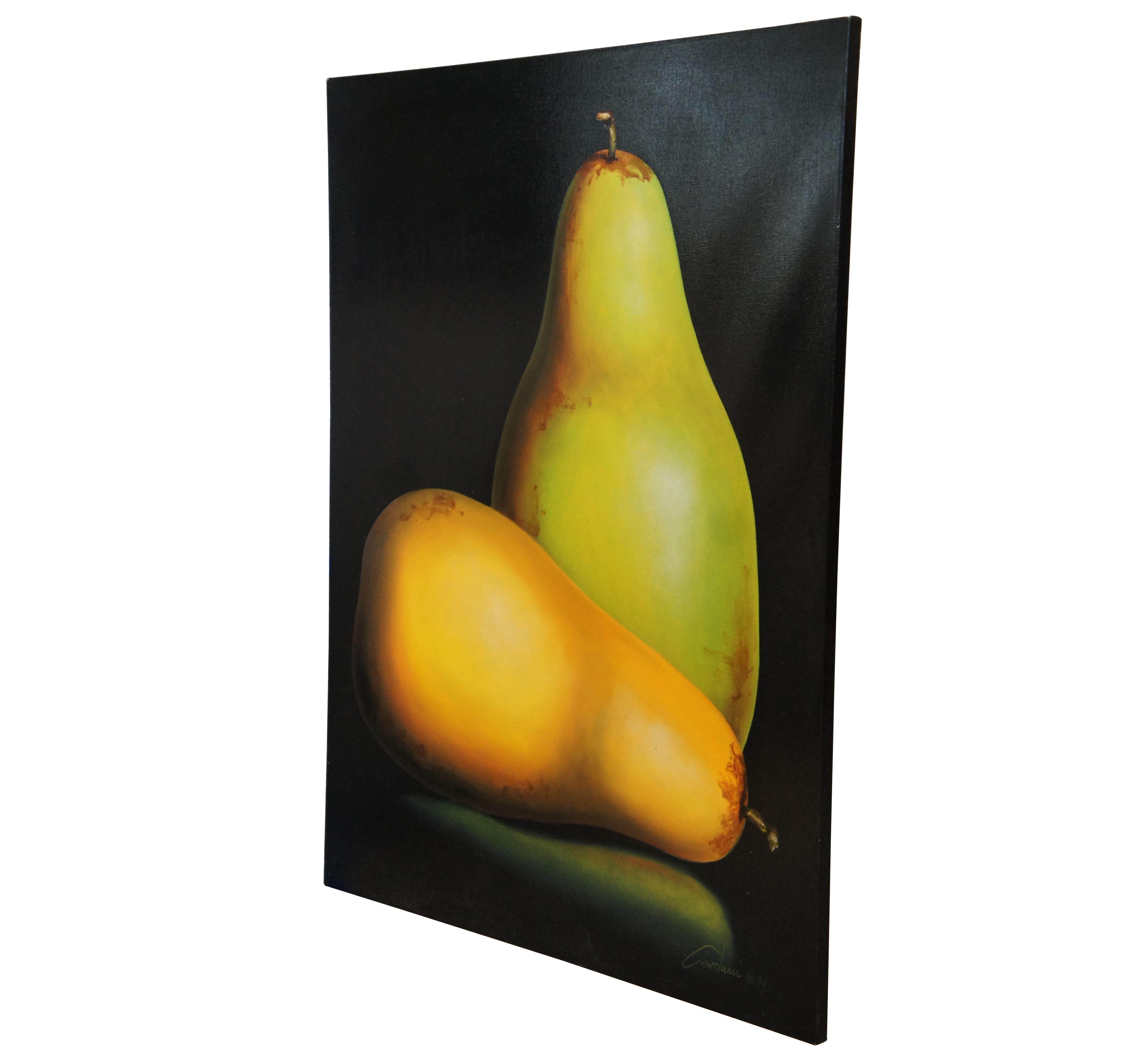 Vintage 1999 large scale oil on canvas painting of a pair of pears, done with intense chiaroscuro. Chiaroscuro in art, is the use of strong contrasts between light and dark, usually bold contrasts affecting a whole composition. Signed and dated in
