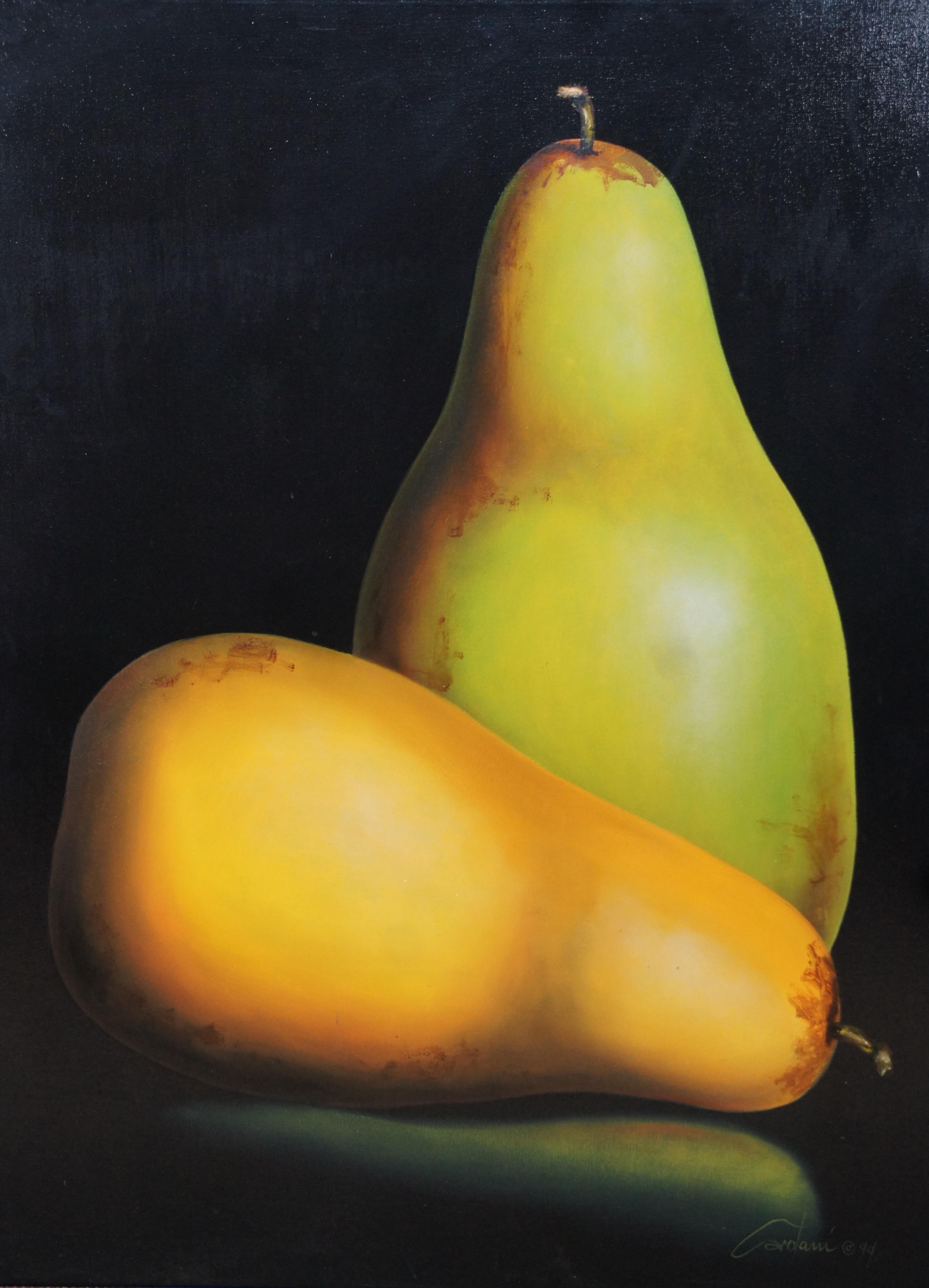 Nature morte du 20ème siècle, peinture à l'huile sur toile Chiaroscuro, réalisme poires, 49 po. en vente 1