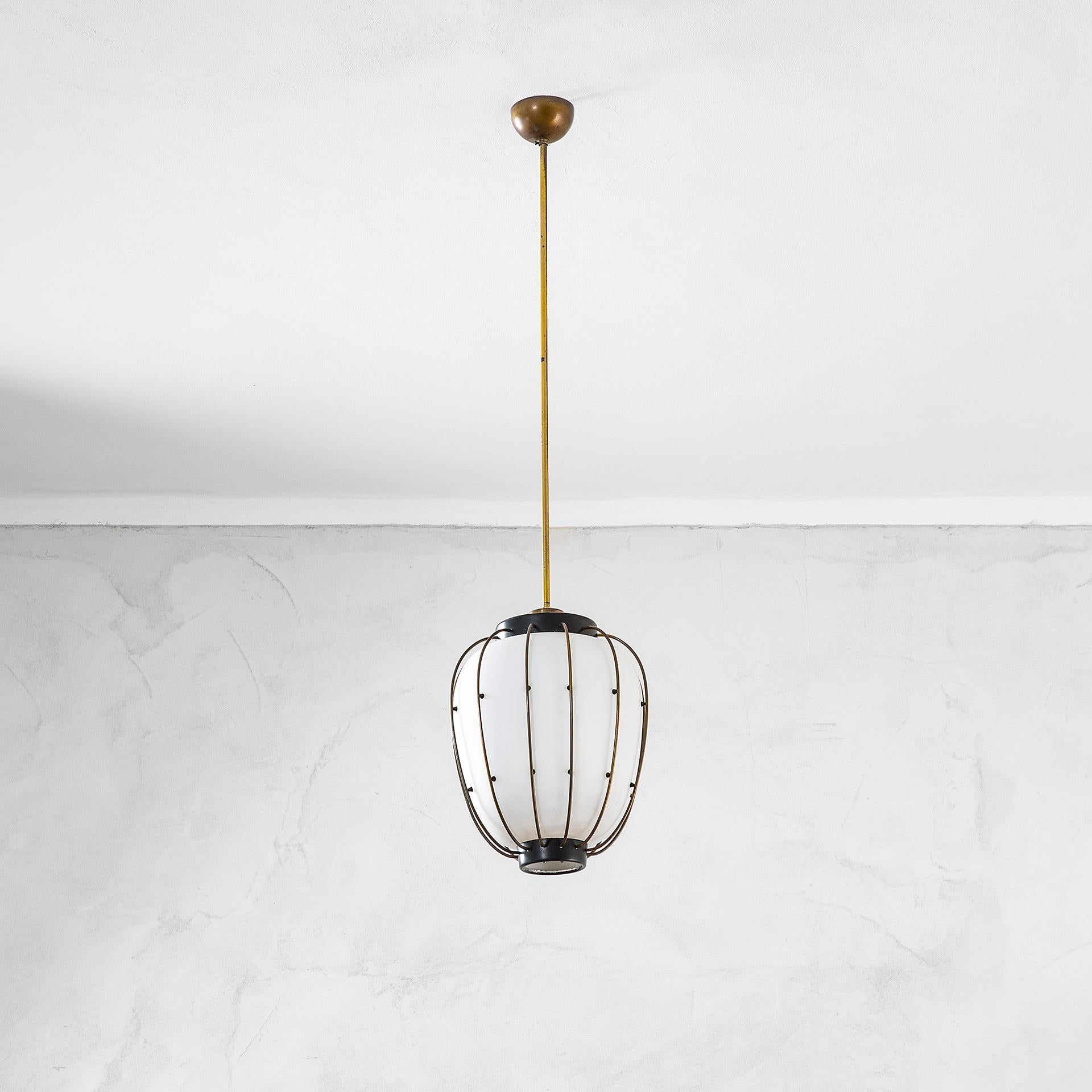 Mid-Century Modern 20th Century Stilnovo Chandelier with Opaline Glass Diffuser and Brass Structure