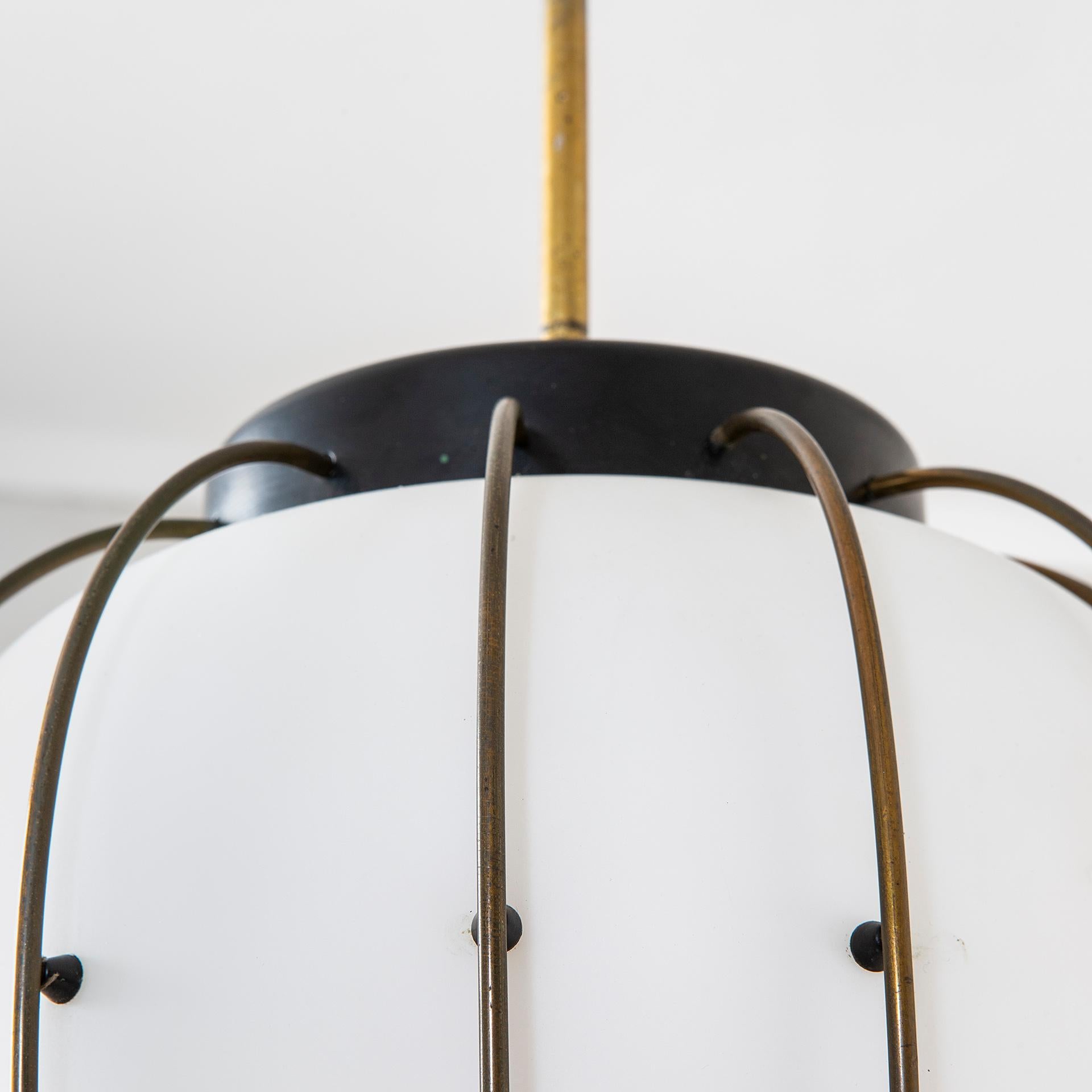 Italian 20th Century Stilnovo Chandelier with Opaline Glass Diffuser and Brass Structure