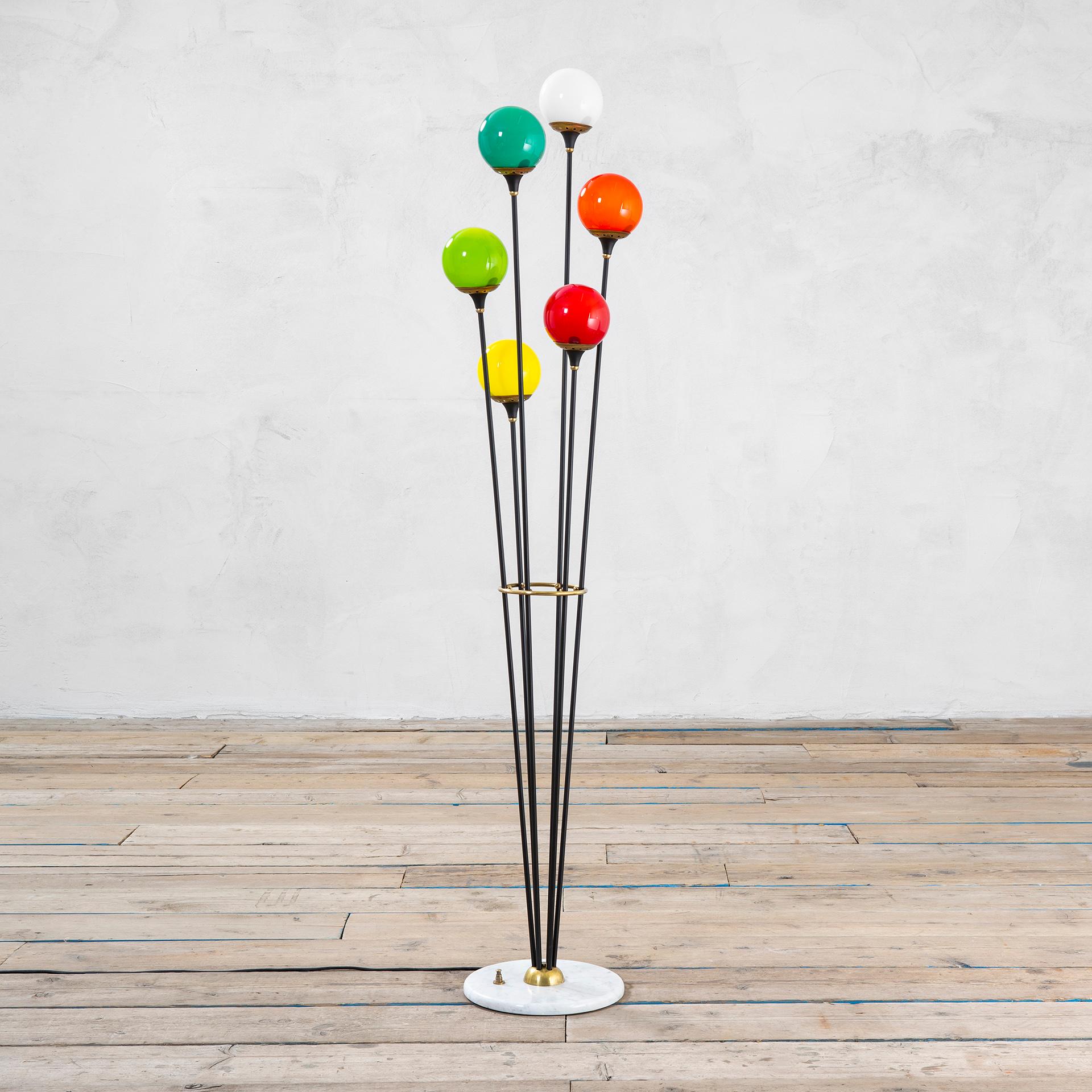 Mid-Century Modern 20th Century Stilnovo Floor Lamp Model Alberello with Colored Glass Diffusers