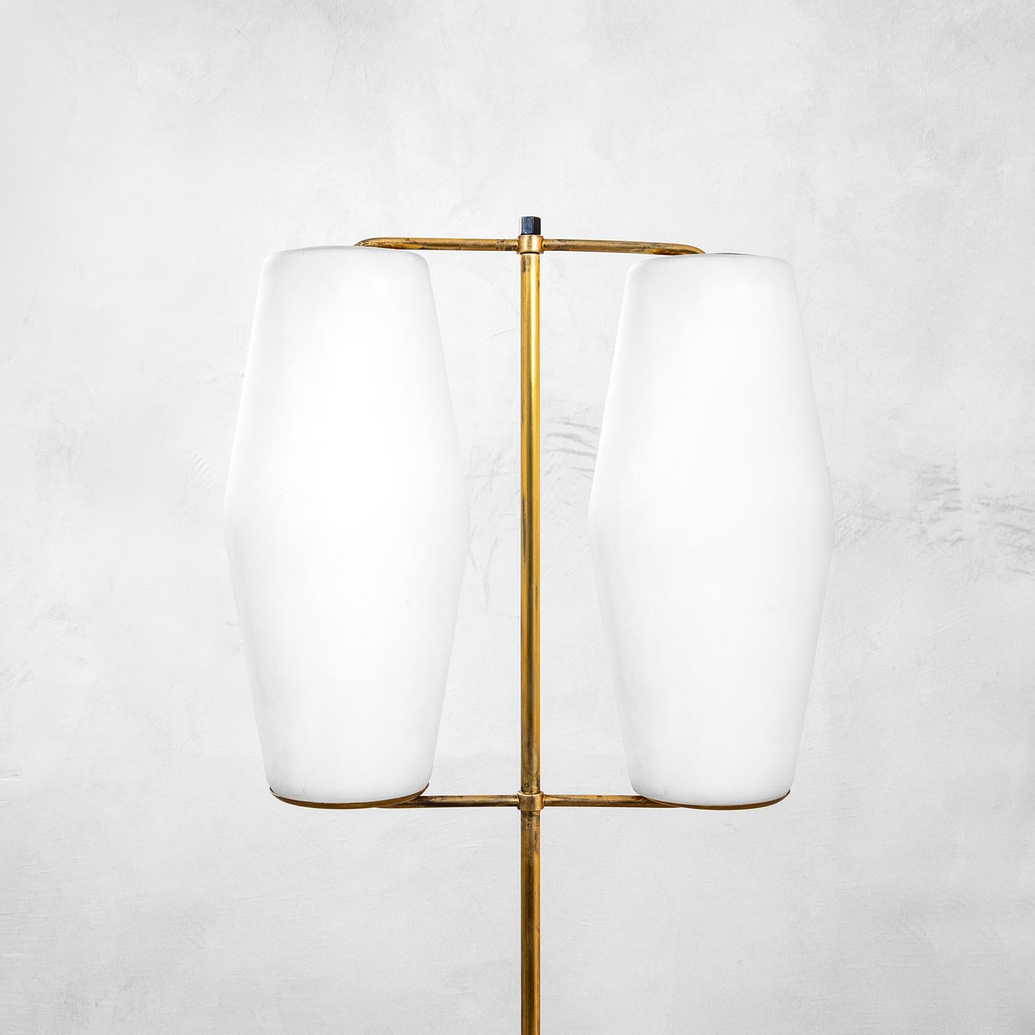 Mid-Century Modern 20th Century Stilnovo Floor Lamp with Diffusers in Opal Glass and Base in Marble