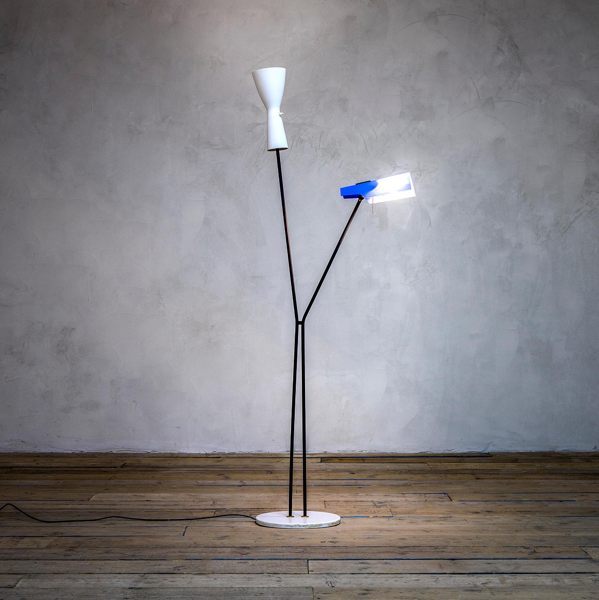 Italian 20th Century Stilnovo Floor Lamp with Two Diffusers with Marble Base