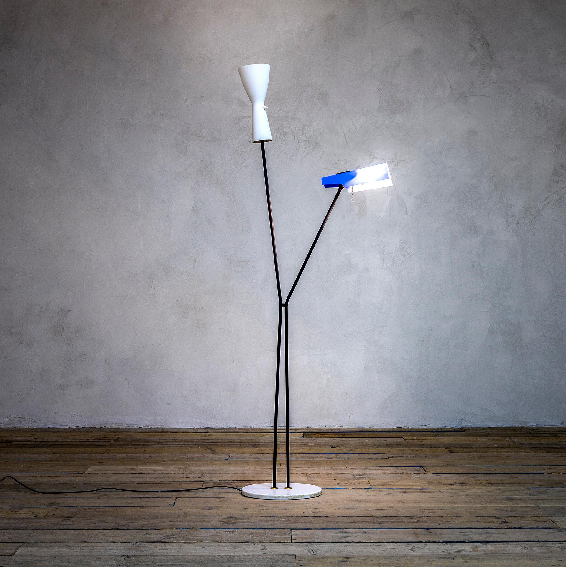 Italian 20th Century Stilnovo Floor Lamp with Two Diffusers with Marble Base For Sale