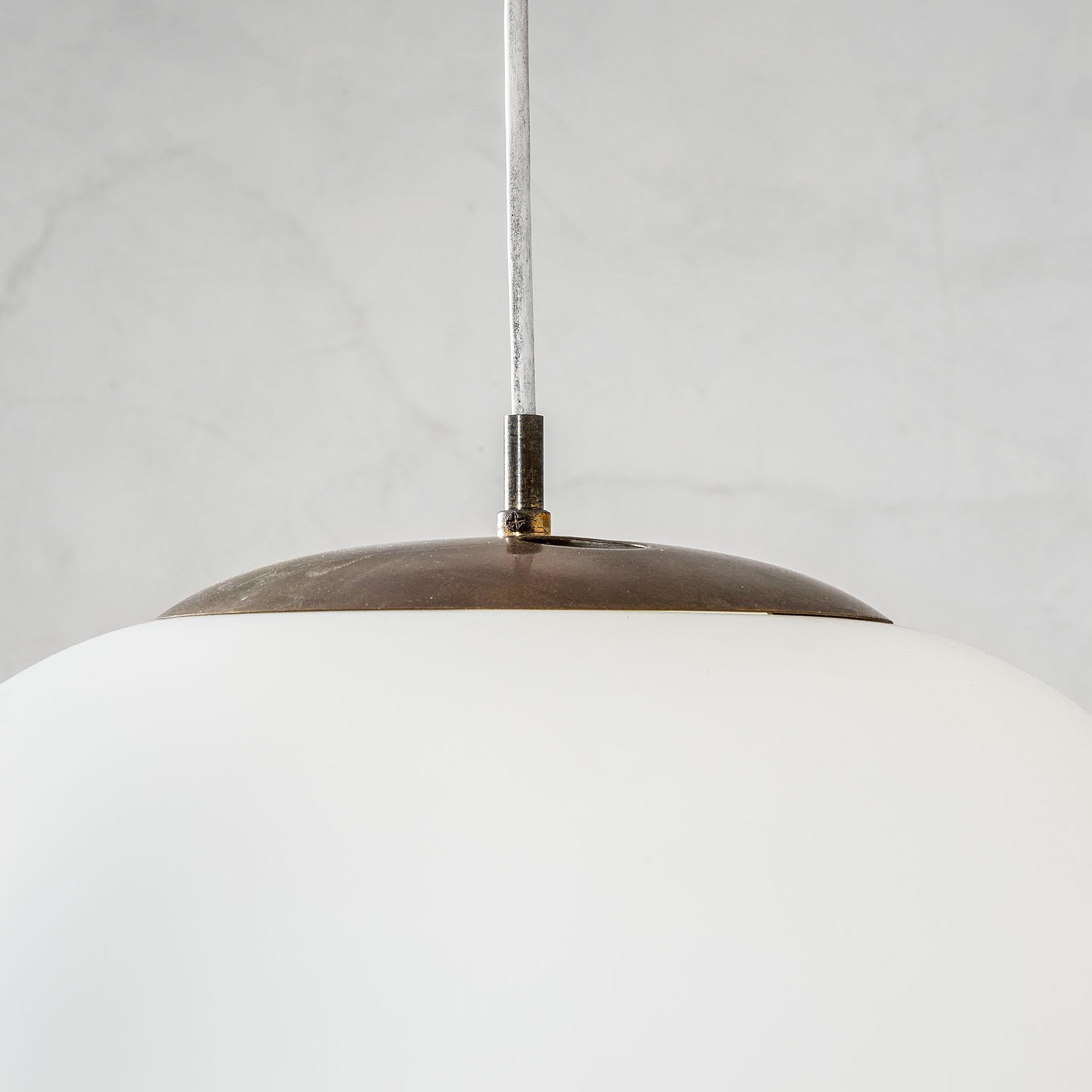 Italian 20th Century Stilnovo Pendant Lamp in Opaline Glass and Brass Details, 50s