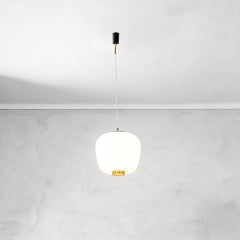 20th Century Stilnovo Pendant Lamp in White Opaline Glass and Brass Details, 50s