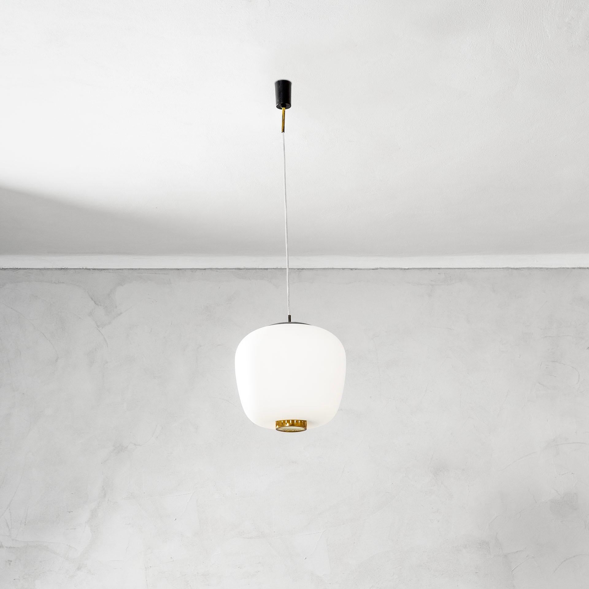 Mid-Century Modern 20th Century Stilnovo Pendant Lamp in White Opaline Glass and Brass Details, 50s For Sale