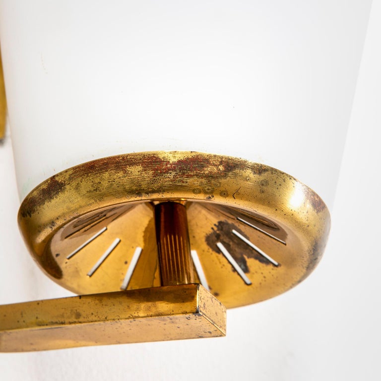 20th Century Stilnovo Wall Lamp Tall in Brass and diffusers in Opaline