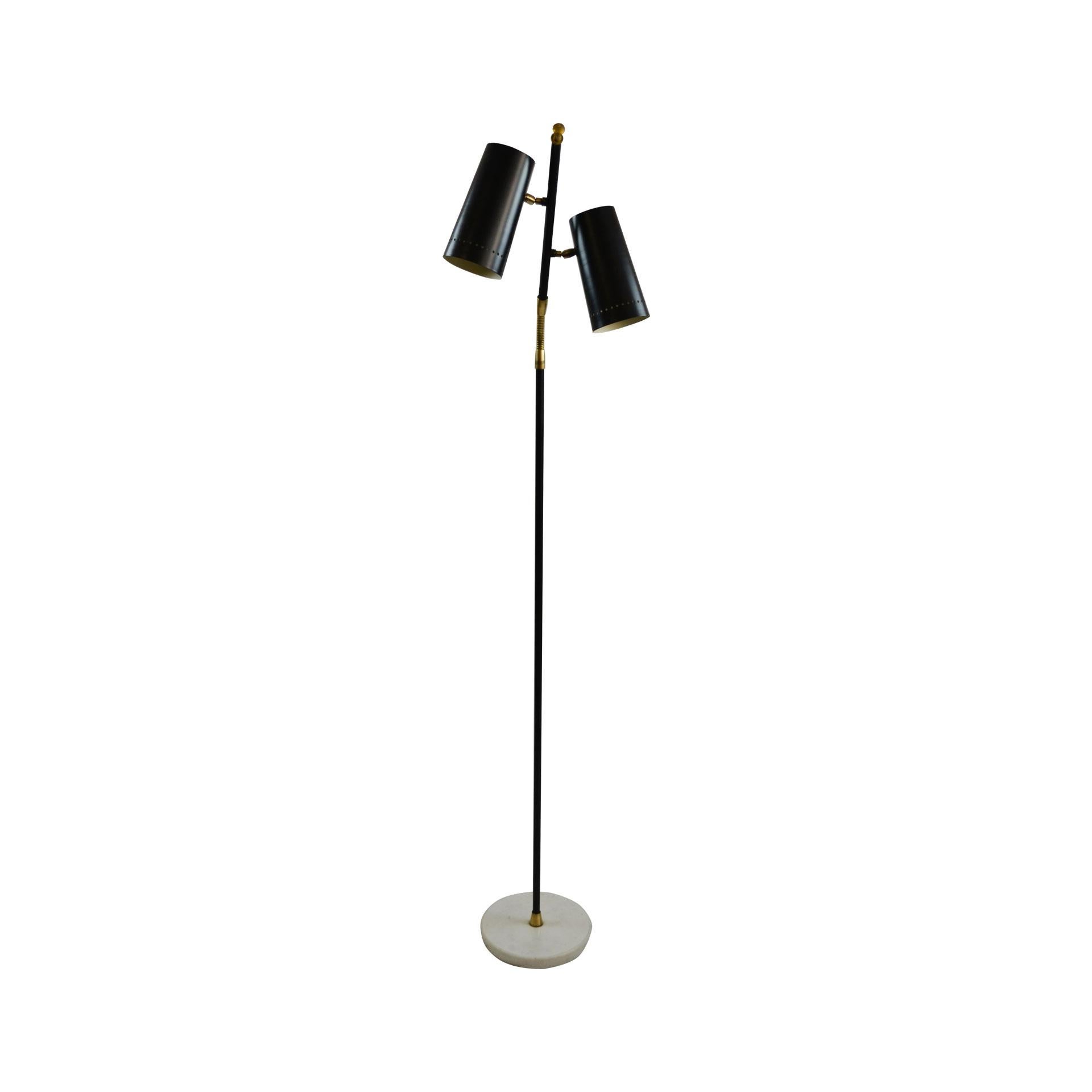 Floor lamp with two orientable diffusers designed in 1950s for Stilux. The floor lamp has a white marble base, structure in lacquered metal and orientable diffusers in black lacquered metal, details in brass. Measures: Maximum height 173 cm. Very