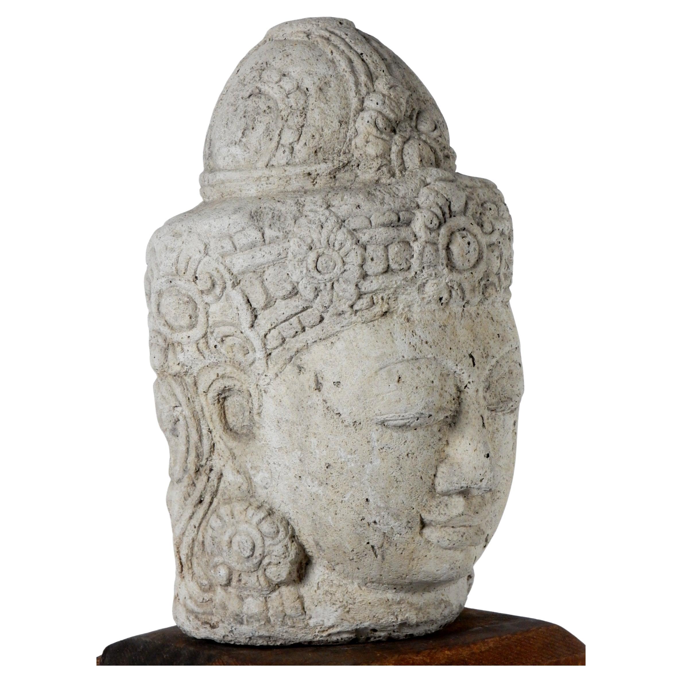 Anglo-Japanese Wabi Sabi Stone Buddha Head on Wood Plinth 