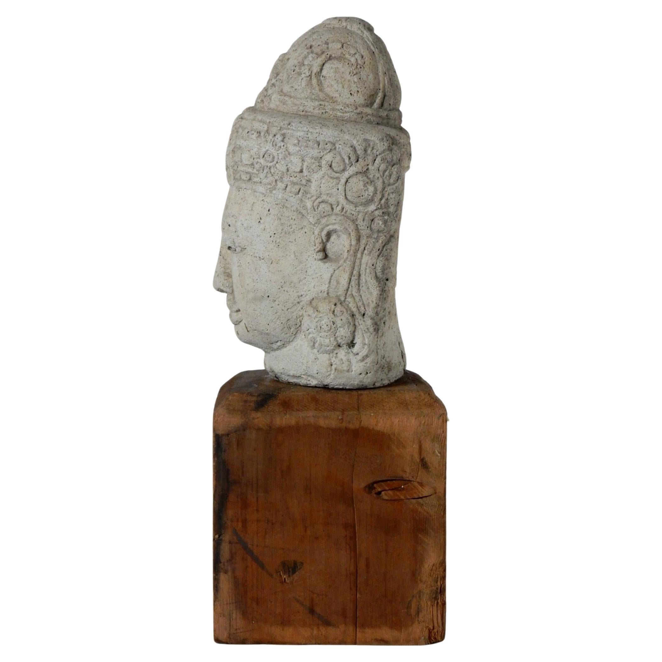 Wabi Sabi Stone Buddha Head on Wood Plinth  In Fair Condition In Las Vegas, NV