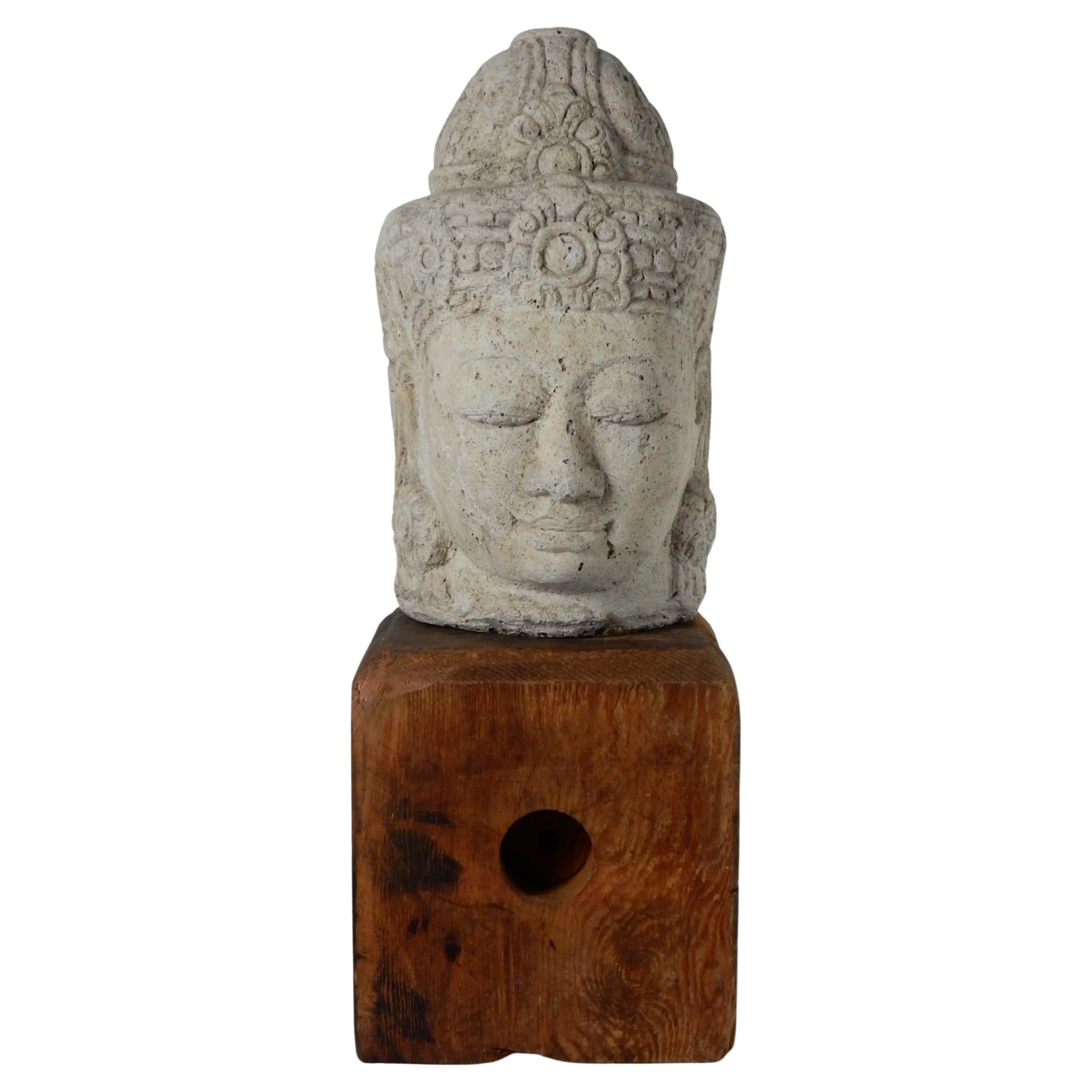 20th Century Wabi Sabi Stone Buddha Head on Wood Plinth 