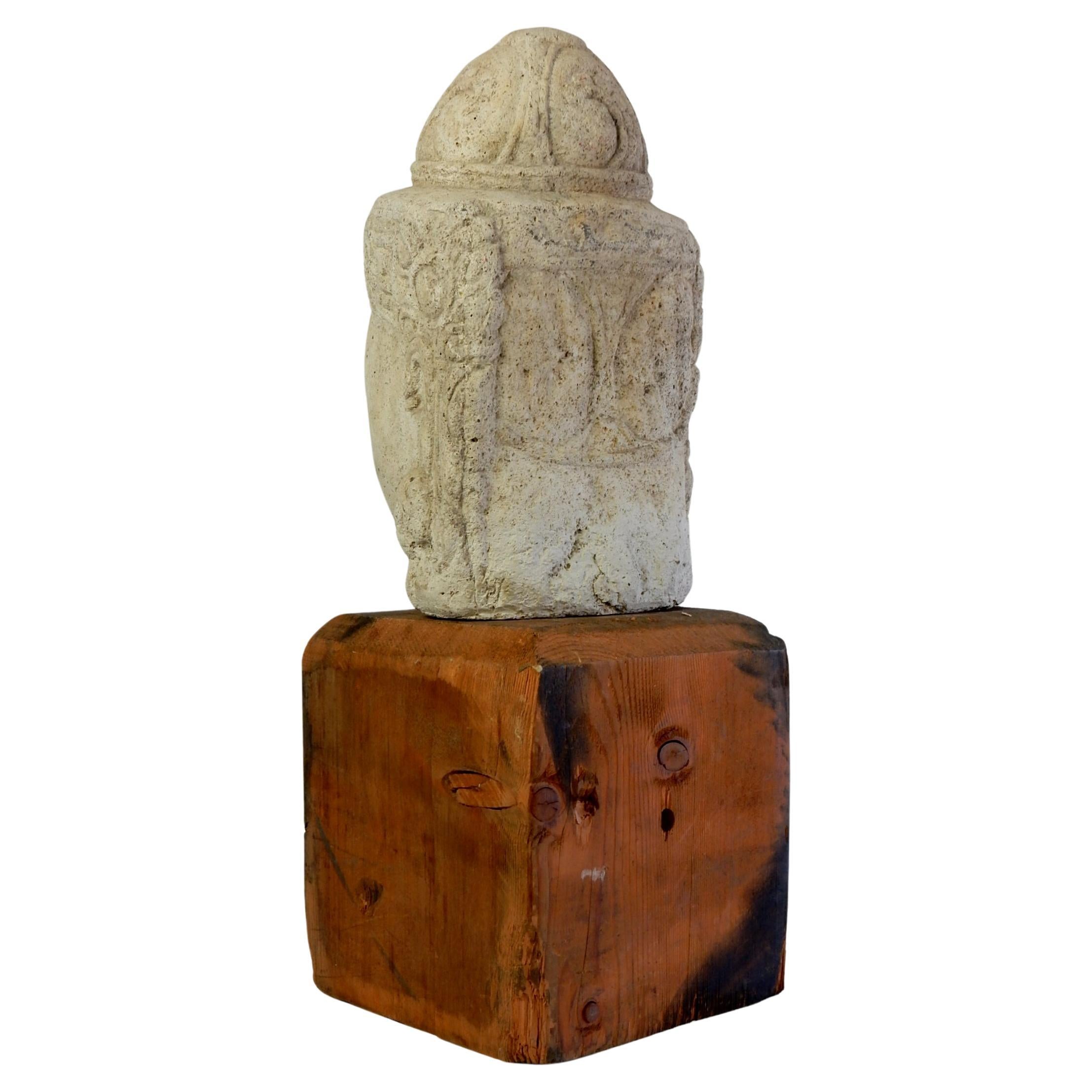 Cast Stone Wabi Sabi Stone Buddha Head on Wood Plinth 