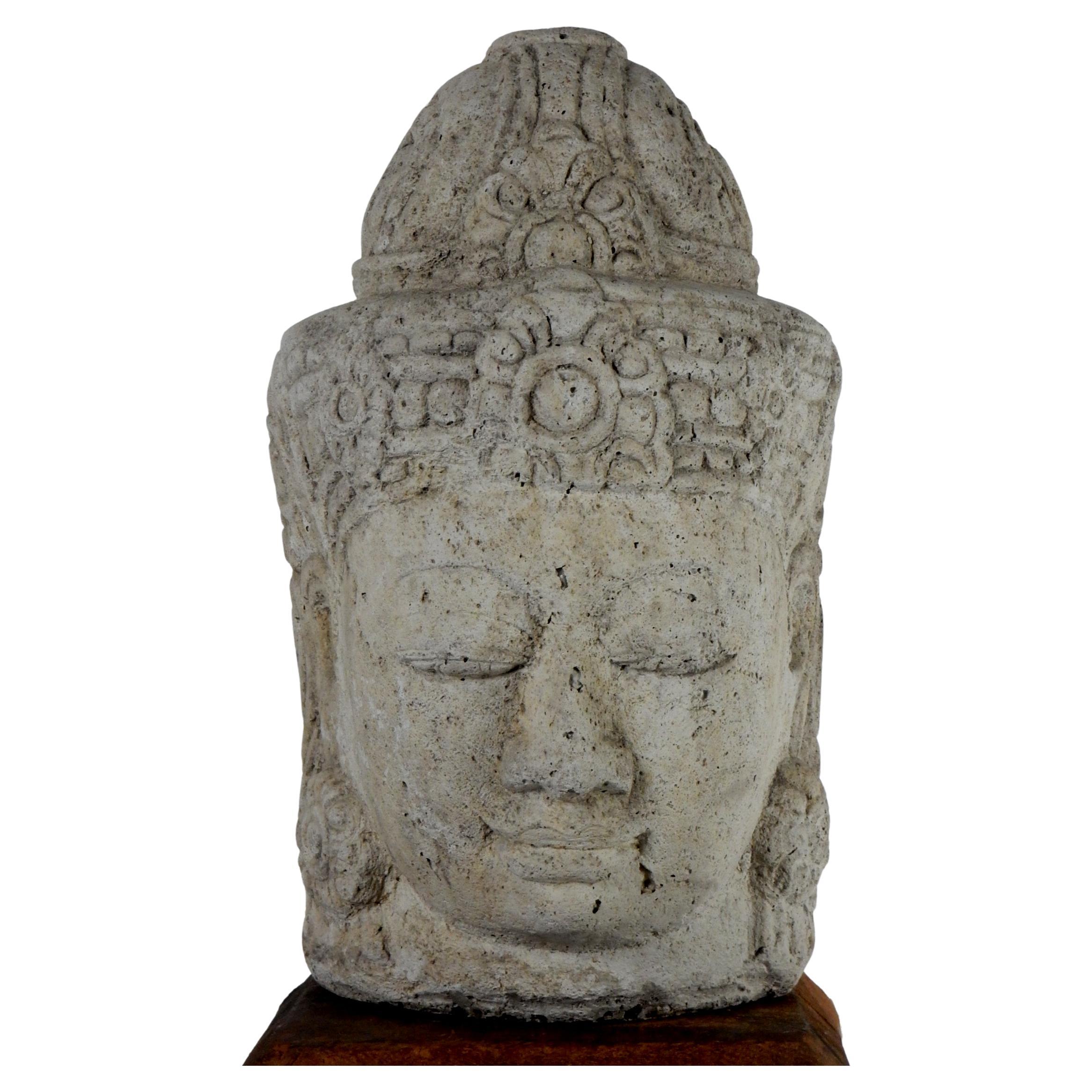 Wabi Sabi Stone Buddha Head on Wood Plinth  1