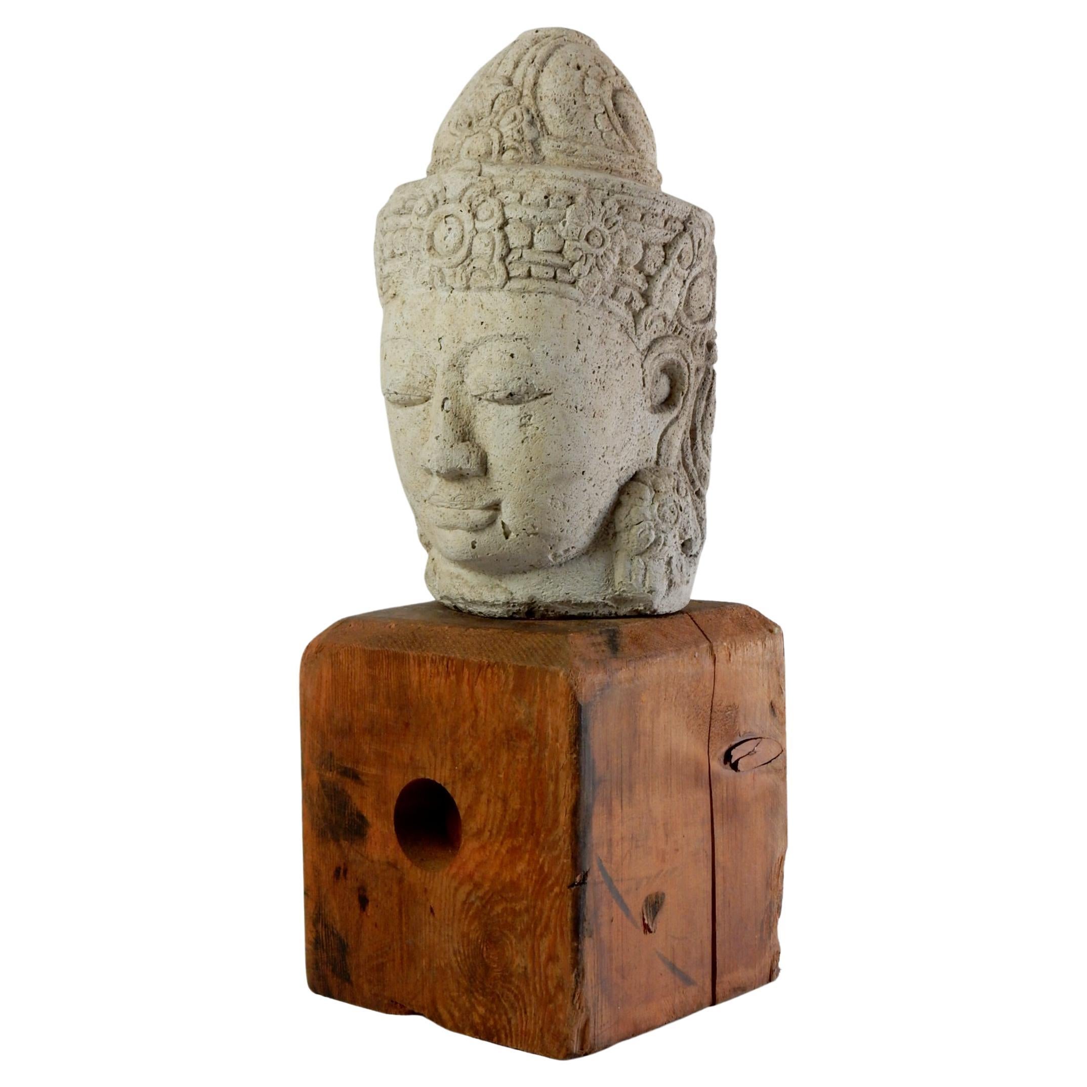 Wabi Sabi Stone Buddha Head on Wood Plinth 