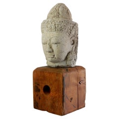 Antique Wabi Sabi Stone Buddha Head on Wood Plinth 