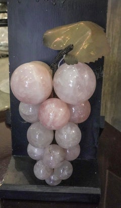 20th Century Stone Semiprecious Pink Quartz and Golden Brass Sculpture of Grapes