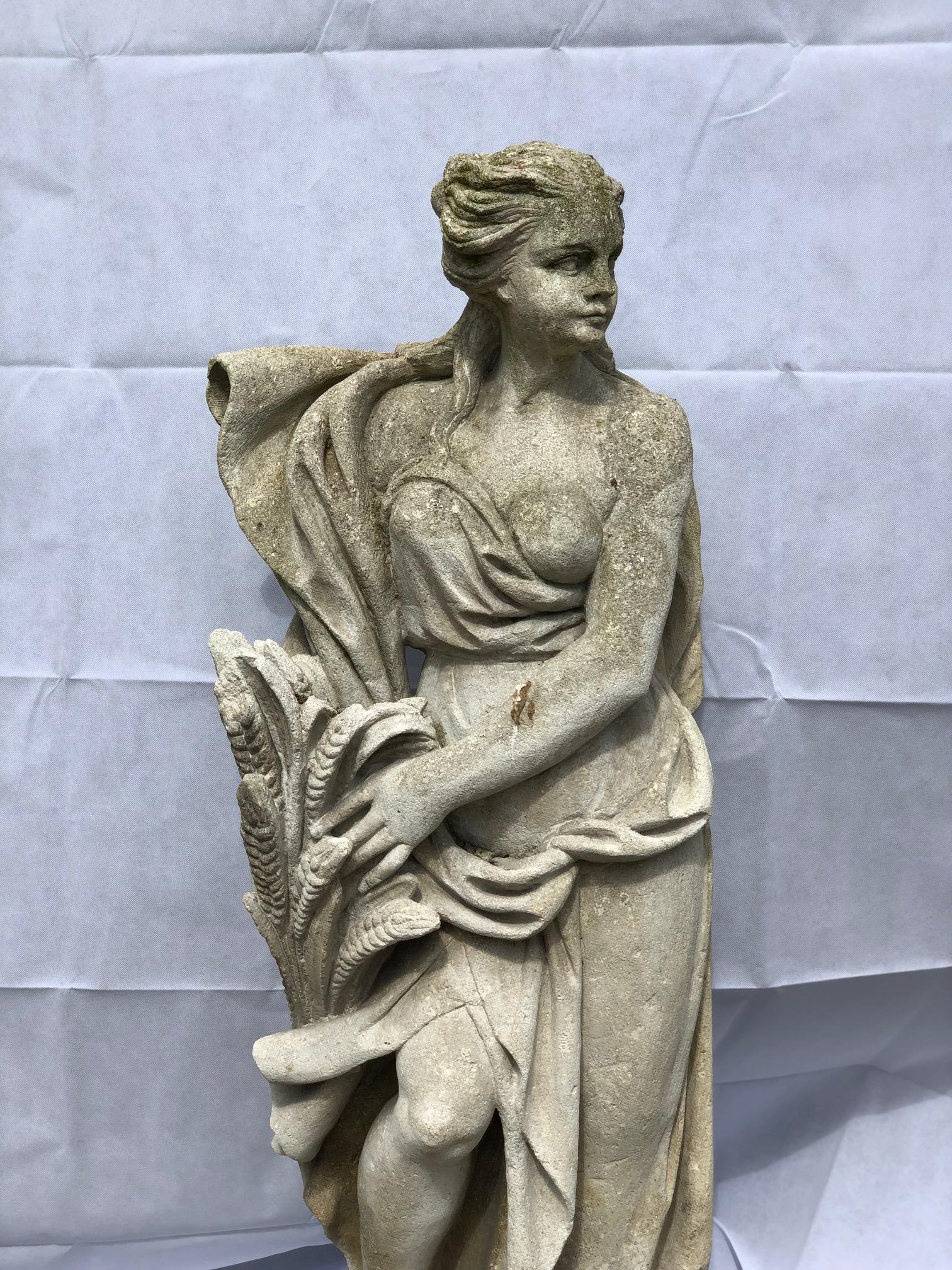 An antique Italian carved Vicenza stone sculpture representing an allegory of Summer, early years of the 20th century.

Vicenza stone, extracted in the Berici hills (VI), is characterized by a calcareous structure of dual origin, clastic and