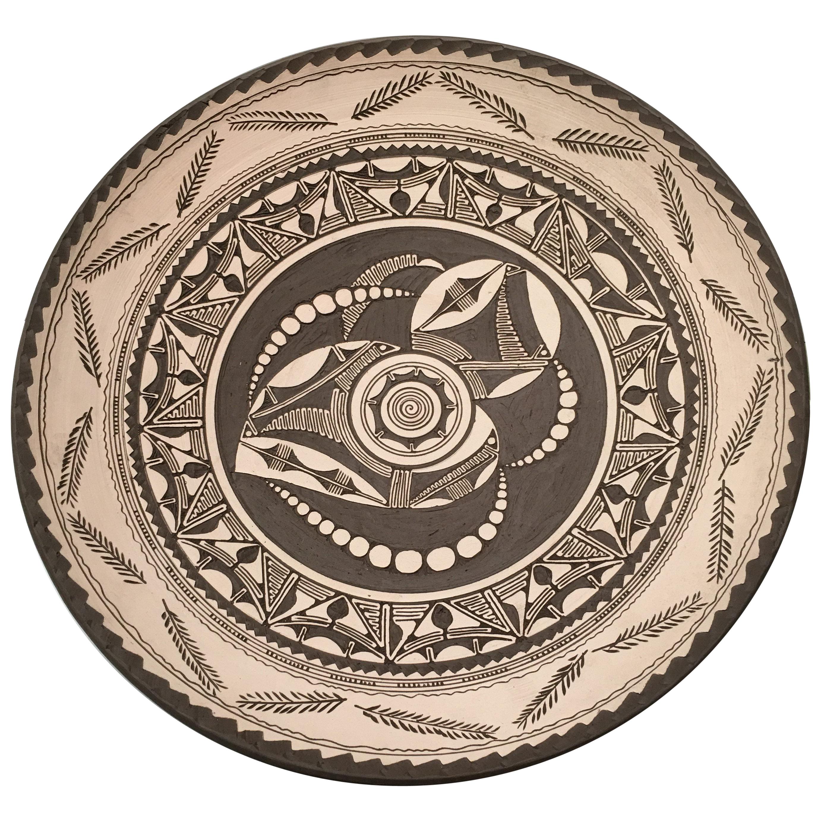 20th Century Stoneware Matte Dish with Ornamentals Relief Motifs