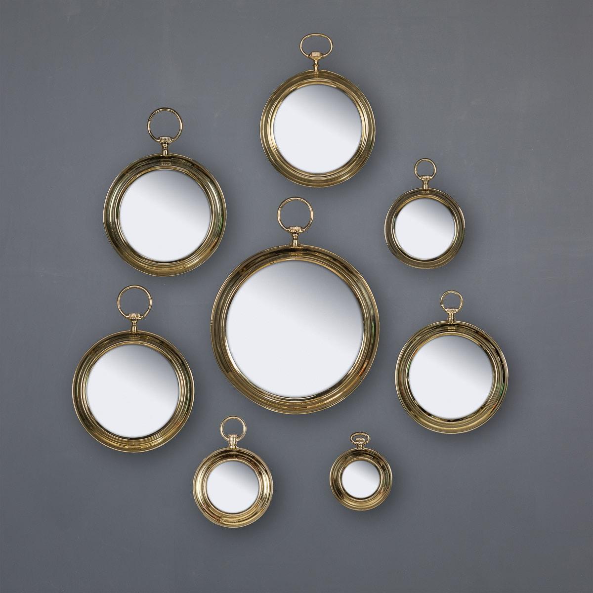 A collection of eight pocket watch shaped mirrors, this design immortalised by Fornasetti has not lost its impact since the 1940’s. This collection ranges in size and and age starting from 1950's until the 1970's.

CONDITION
In Great Condition -