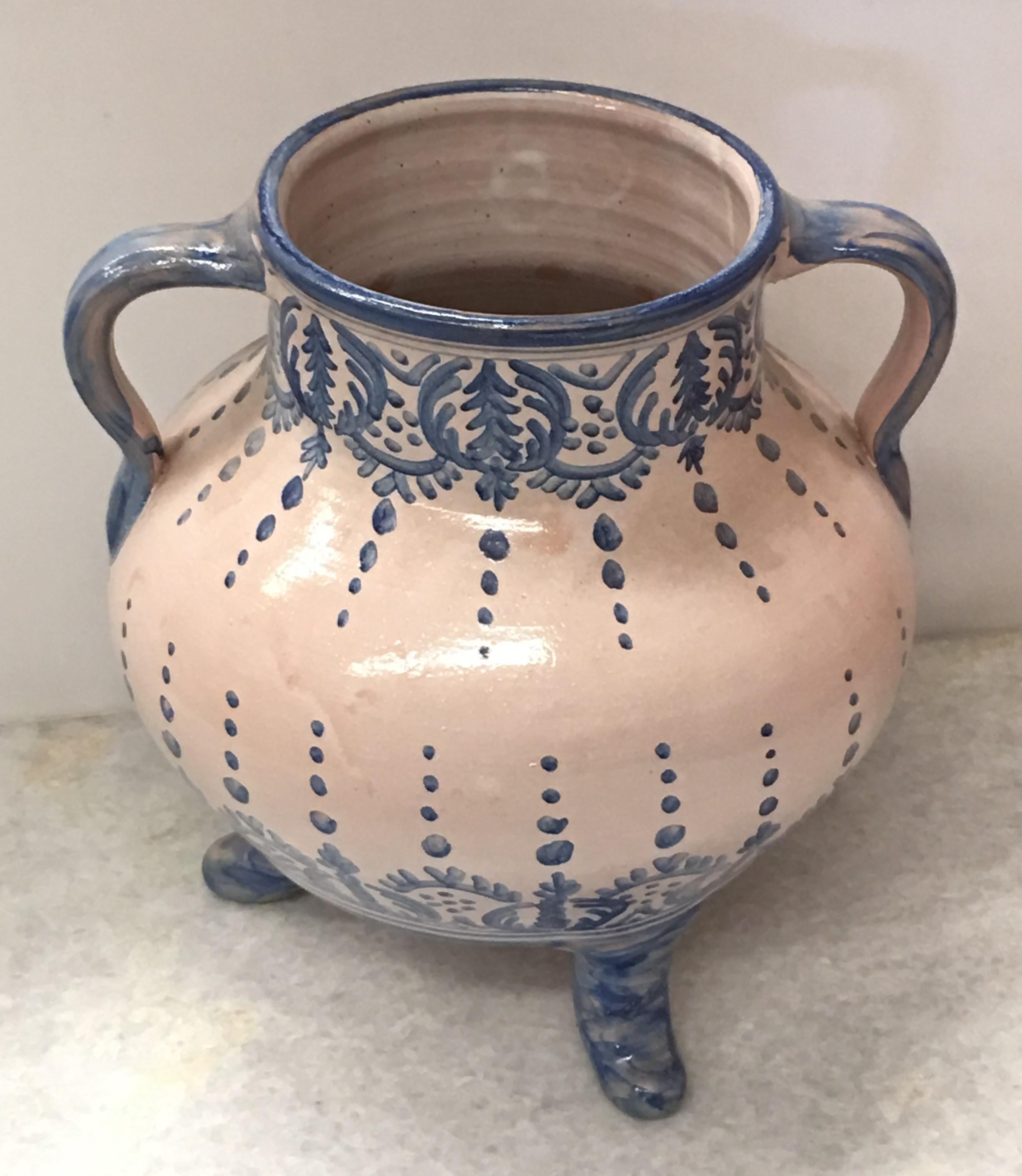 Spanish Colonial 20th Century Striking Continental Glazed Earthenware Blue and White Painted Urn